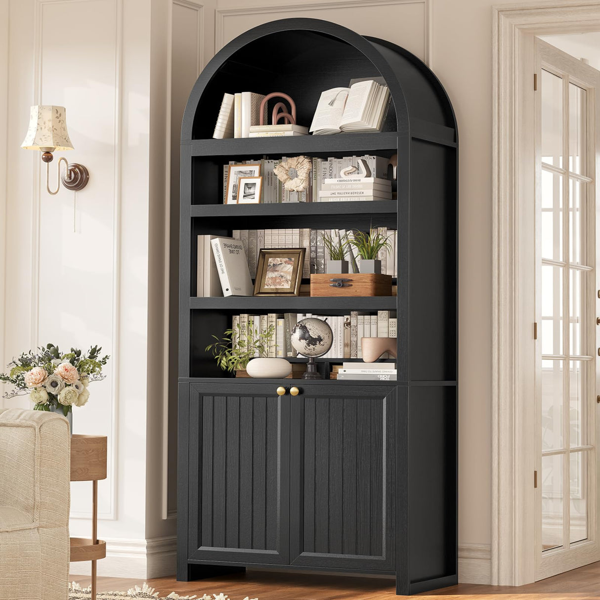 81" Tall Arched Cabinets,Bookcase with storage,Mid-Century Modern 6-Tier Bookshelf with Door,2 Book Risers and Adjustable Shelves offering more storage space for Living Room,Kitchen,Home Office,Black UPOSOJA