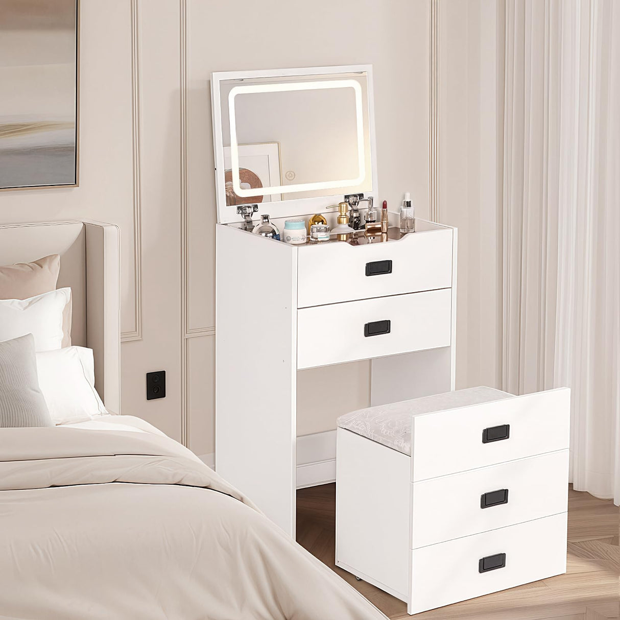 HVCBOSS 3 in 1 Vanity Desk with Flip Top Mirror, Small Make Up Vanity Set with Visible Glass Desktop, Compact Makeup Vanity with 3 Drawers, Cushioned Tool, Dressing Table for Bedroom HVCBOSS