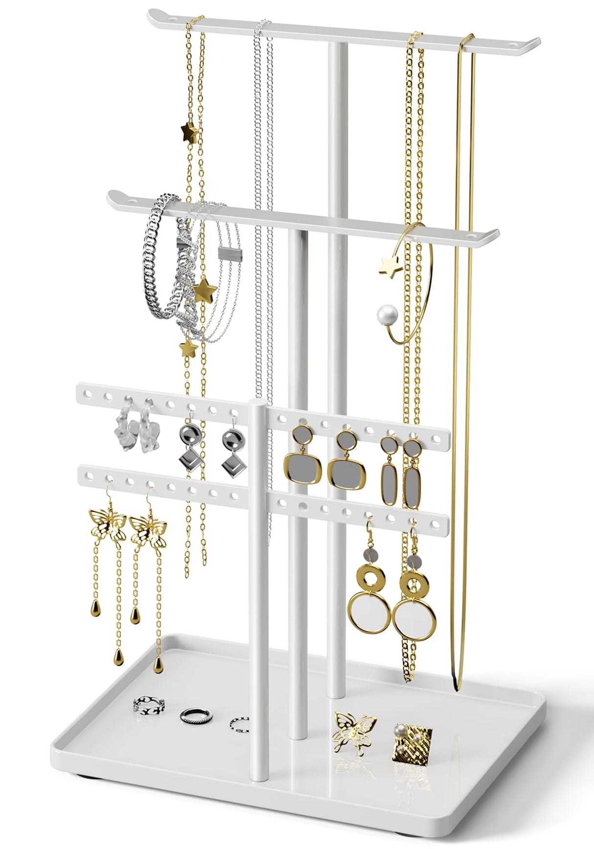 pickpiff Jewelry Stand Organizer, 14.5" Tall Sturdy Metal, 3-TierJewelry Holder for Necklace, Earring, Bracelet, Ring, Hanger for Display and Storage, Aesthetic Room Decor, White pickpiff