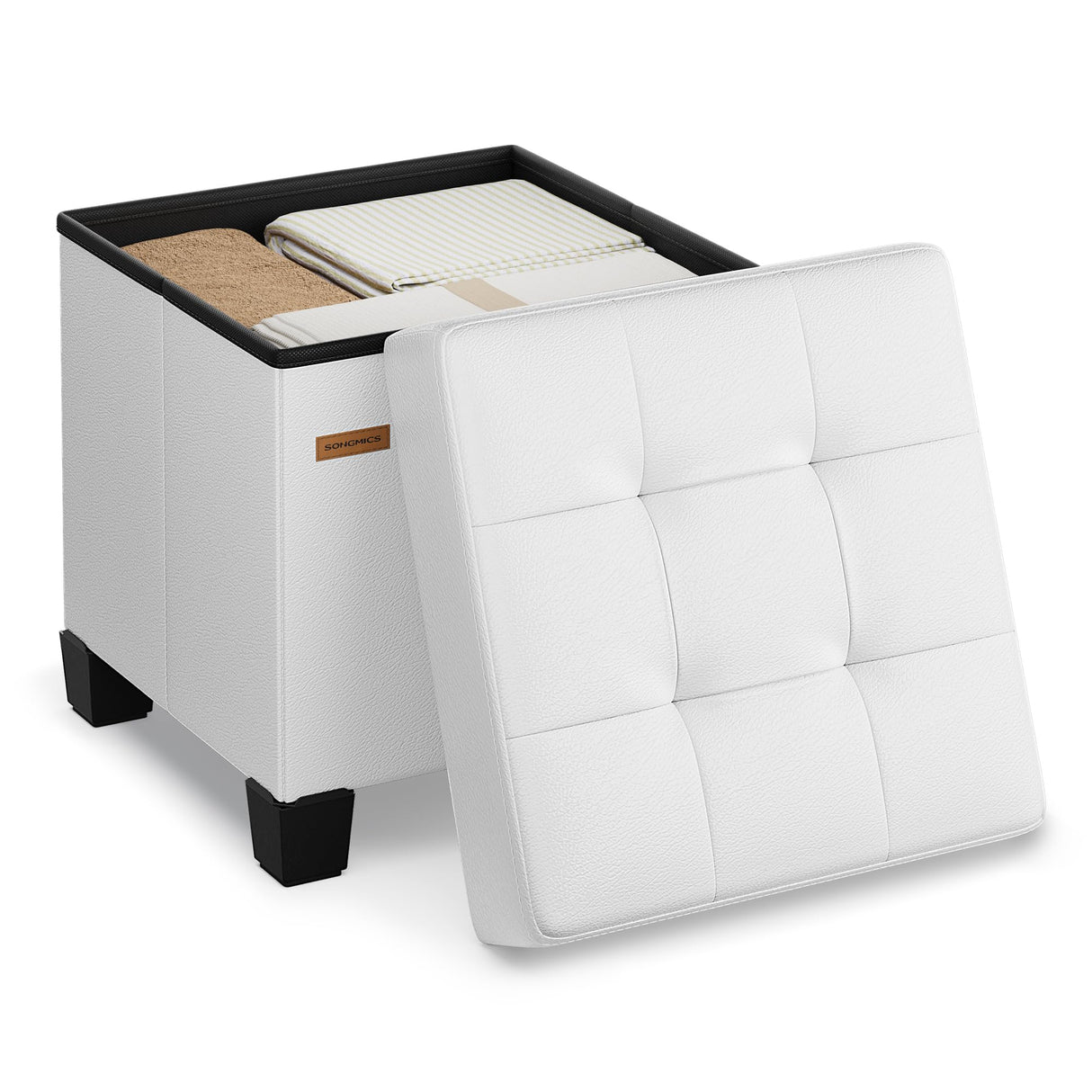 SONGMICS Storage Ottoman, Cube Ottoman with Legs, 15 x 15 x 15.7 Inches, Footstool, Footrest, 10 Gal. (37 L), Synthetic Leather, for Bedroom, Living Room, Dorm, Cloud White ULSF0512W02 SONGMICS