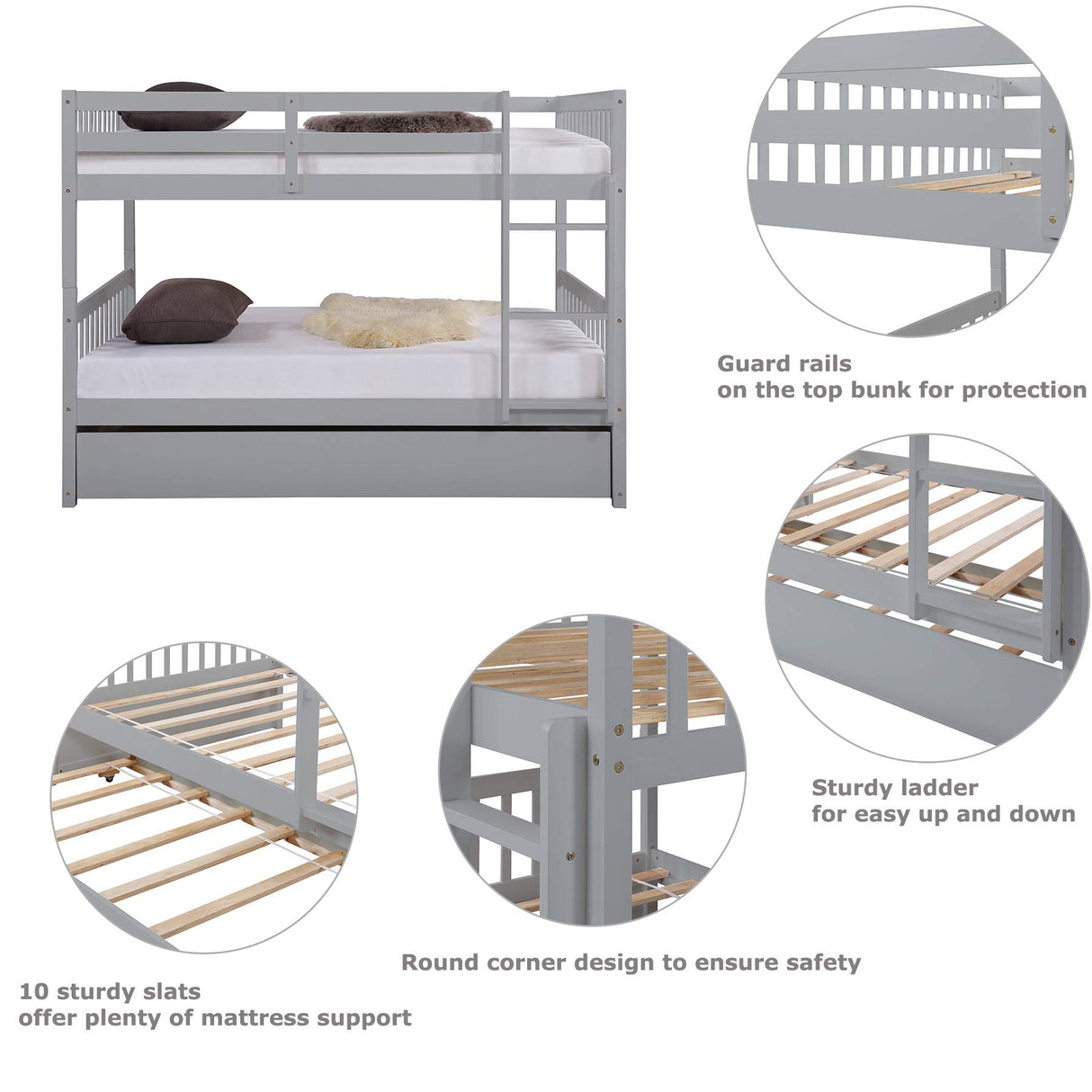 WIILAYOK Full Over Full Bunk Bed with Trundle, Convertible to 2 Full Size Platform Bed, Full Size Bunk Bed with Ladder and Safety Rails for Teens, Adults, Grey WIILAYOK