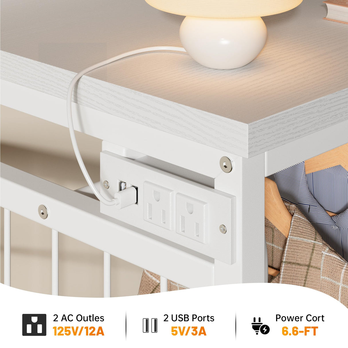 EnHomee 49.2" W White Dresser for Bedroom with Hanging Rack,6 Drawer Dresser with LED Lights & Charging Station, Fabric Dressers & Chest of Drawer with Clothes Rack, Wooden Top, Grid Panel, Closet EnHomee