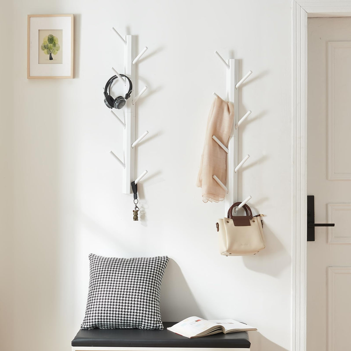 TIOPGHAD 2 Pack Coat Rack Vertical Wall Mount, Bamboo Coats Hooks Clothes Holder Hanger for Wall Coat Hat Jacket Clothing Bathroom Robes Mudroom Entryway(White) TIOPGHAD