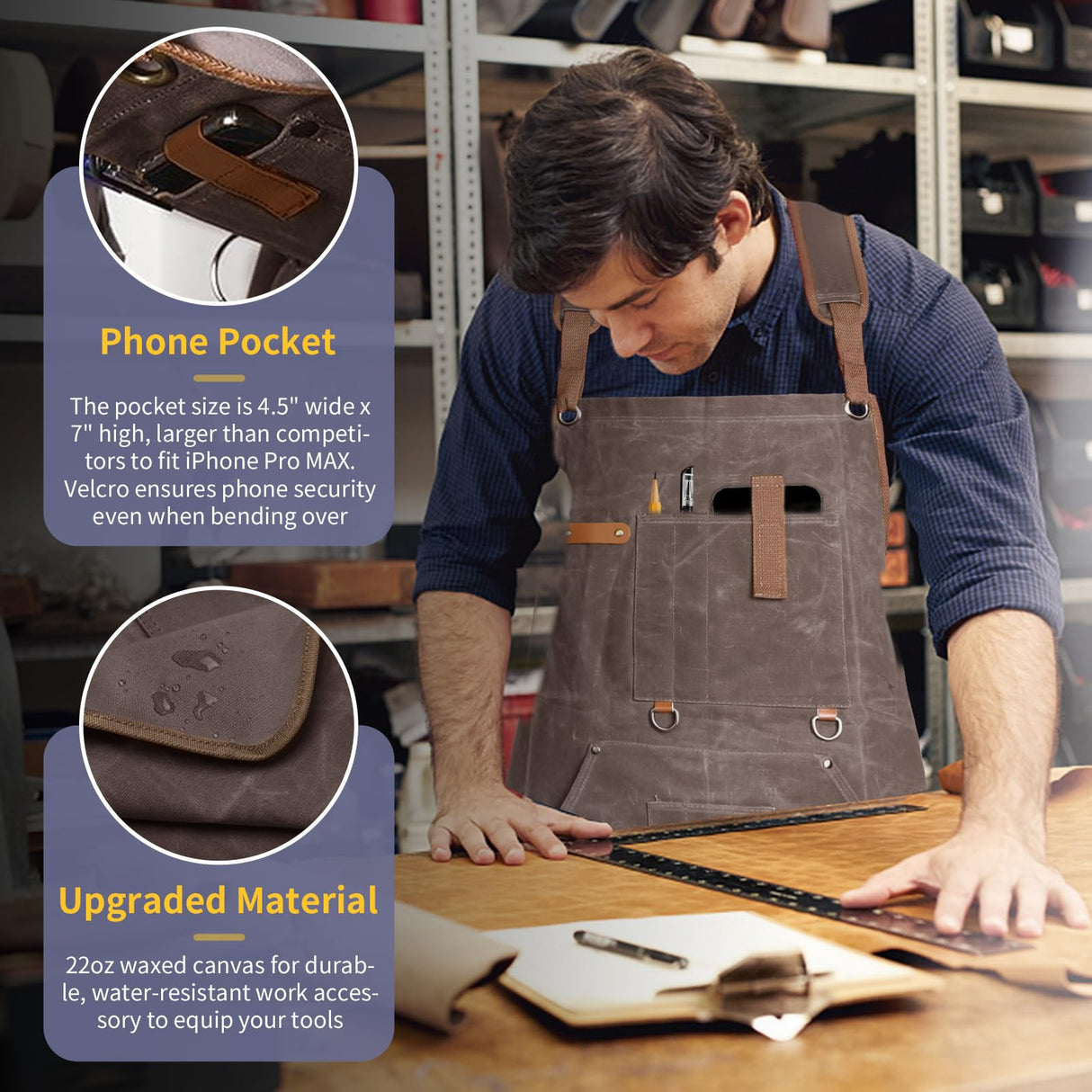 Lumil Waxed Canvas Woodworking Apron, Woodworking Apron for Men, 22oz with 9 Pockets & Cross Back Straps, Work Carpenter Shop Aprons for Men and Women, BBQ, Cooking, and Workshop, Mechanic (Brown) Lumil