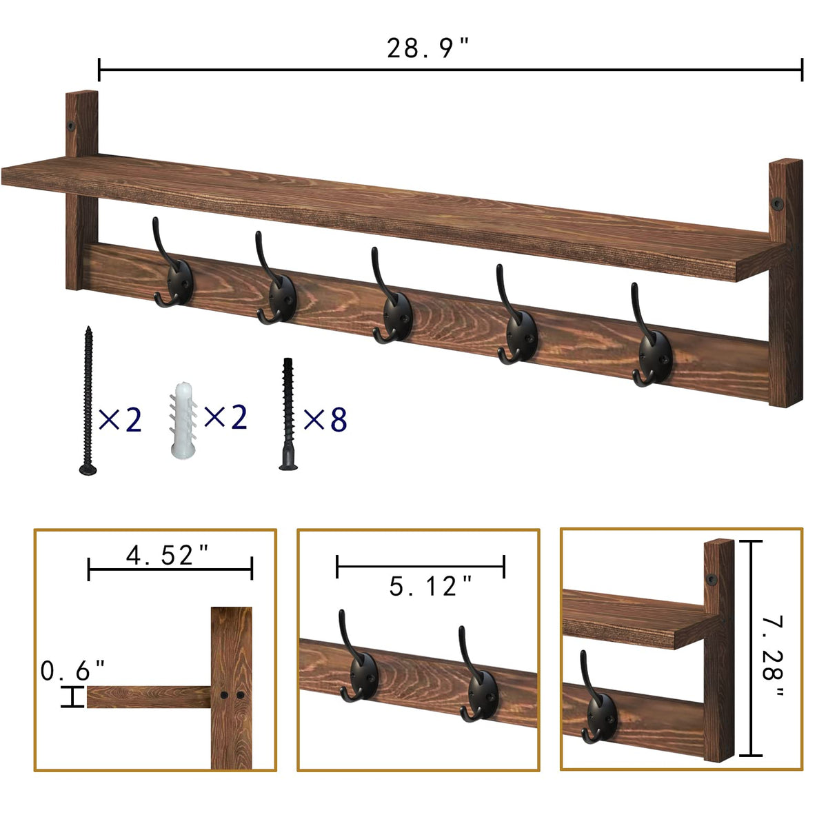 BAMEOS Wall Mounted Coat Rack with Adjustable Easy Install, Rust Proof, Brown Wooden Material, 28.9 Inch Length BAMEOS