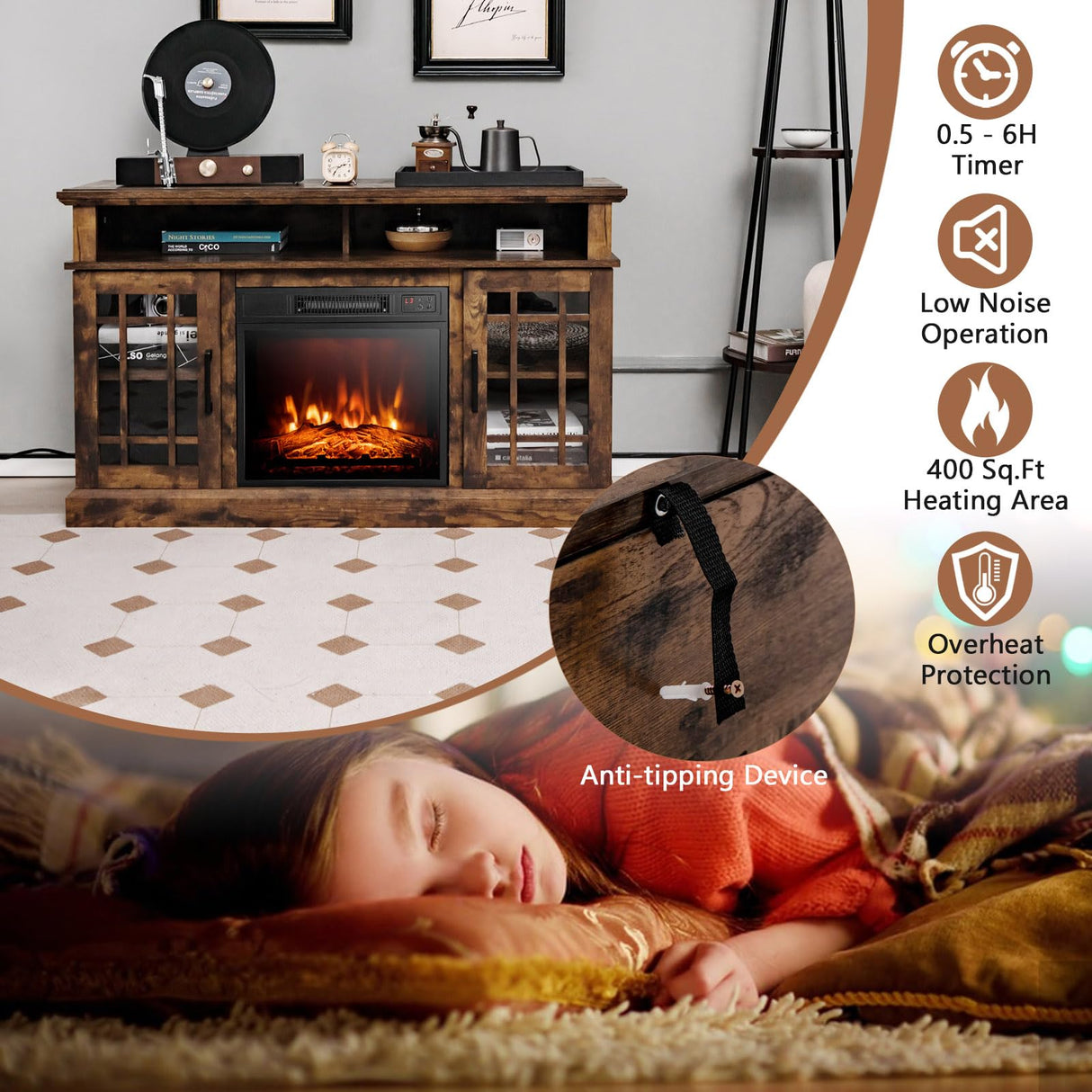 COSTWAY Electric Fireplace TV Stand for TVs Up to 55 Inches, 18-Inch Fireplace Insert with Remote, Overheat Protection, 48-Inch Wooden Media Entertainment Center with Adjustable Shelves, Brown COSTWAY