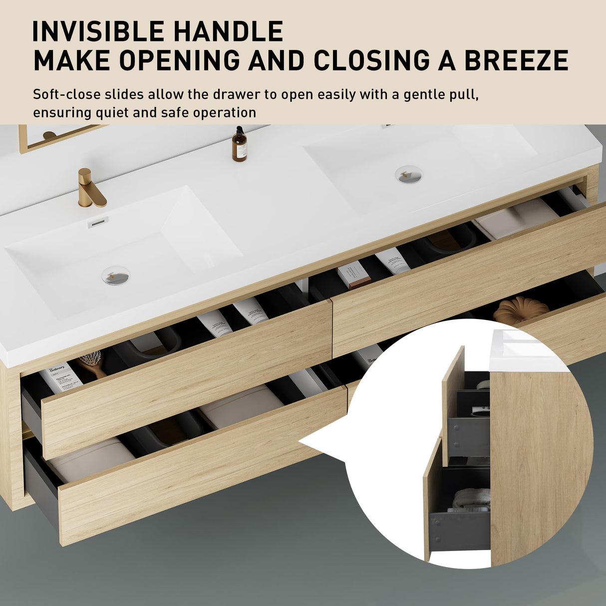 Gxcevsou 72" Floating Bathroom Vanity with Sink, Double Sink Wall Mounted Bathroom Storage Vanity Cabinet, Modern Bathroom Sink Cabinet with Soft Close Drawers, Pre-Assembled, Natural Oak Gxcevsou