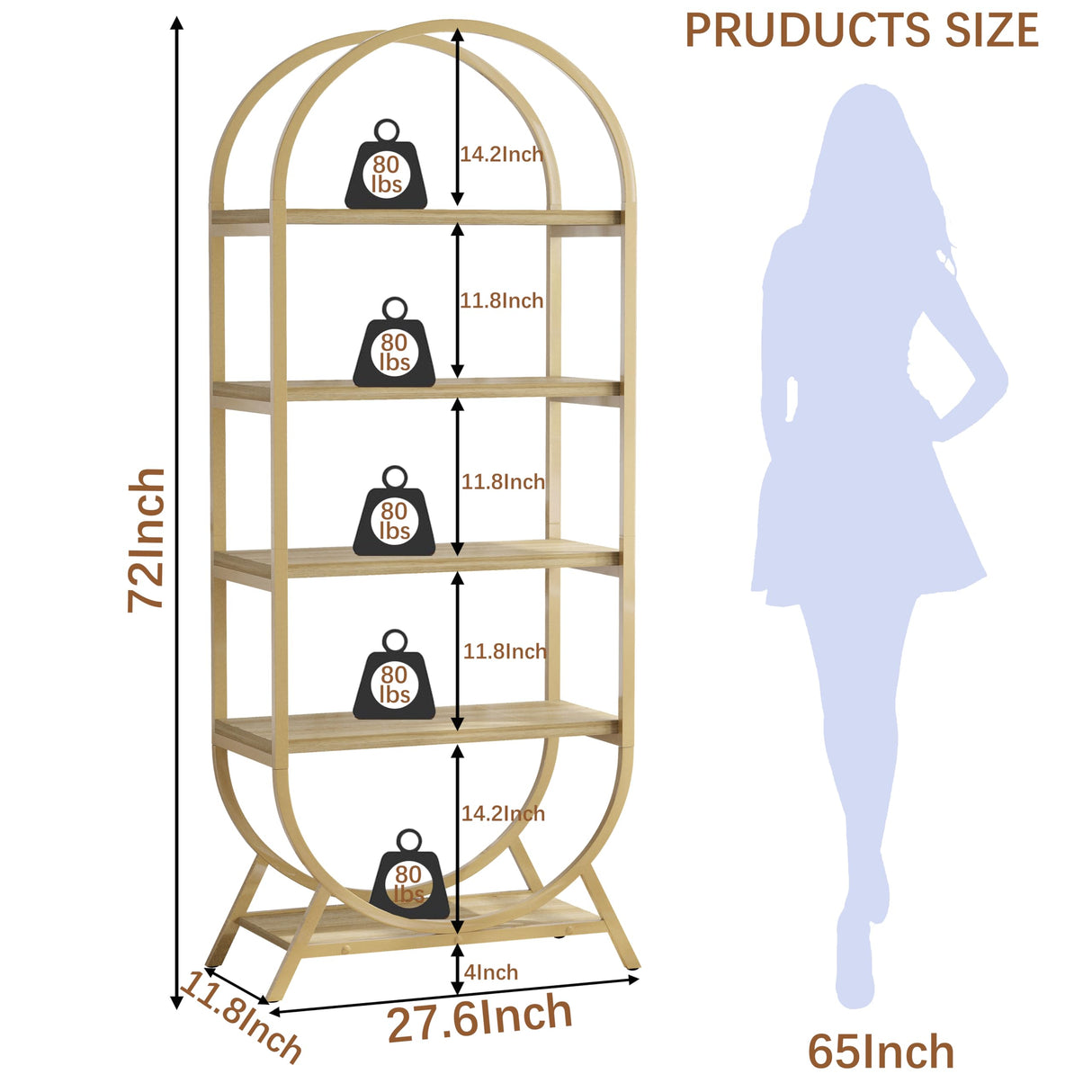 Kogven Bookshelf Arched Bookcase, Industrial 5 Tier Open Book Shelves with Metal Frame, 72" Tall Freestanding Display Rack for Home Office, Living Room,Nature Wood and Gold Kogven