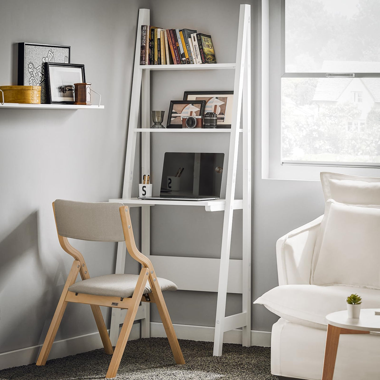 Haotian SoBuy Ladder Shelf Desk, Bookcase, Book Shelf, Leaning Desk with Shelves, Wall Shelf, White FRG60-W SoBuy