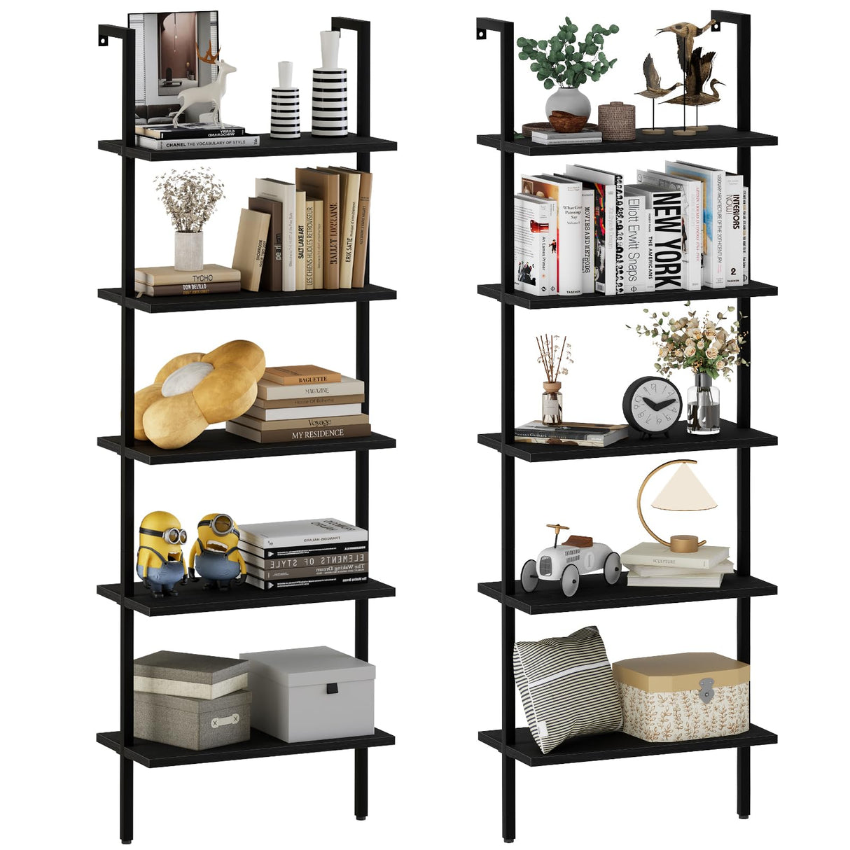aboxoo Ladder Shelf 2PCS Open Bookshelf 5-Tier Wood Wall-Mounted Black Bookcase Storage Rack Open Industrial Modern Plant Stand Utility Organizer Bookcase Metal Frame Furniture Office Kitchen Bedroom aboxoo