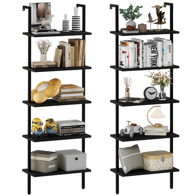 aboxoo Ladder Shelf 2PCS Open Bookshelf 5-Tier Wood Wall-Mounted Black Bookcase Storage Rack Open Industrial Modern Plant Stand Utility Organizer Bookcase Metal Frame Furniture Office Kitchen Bedroom