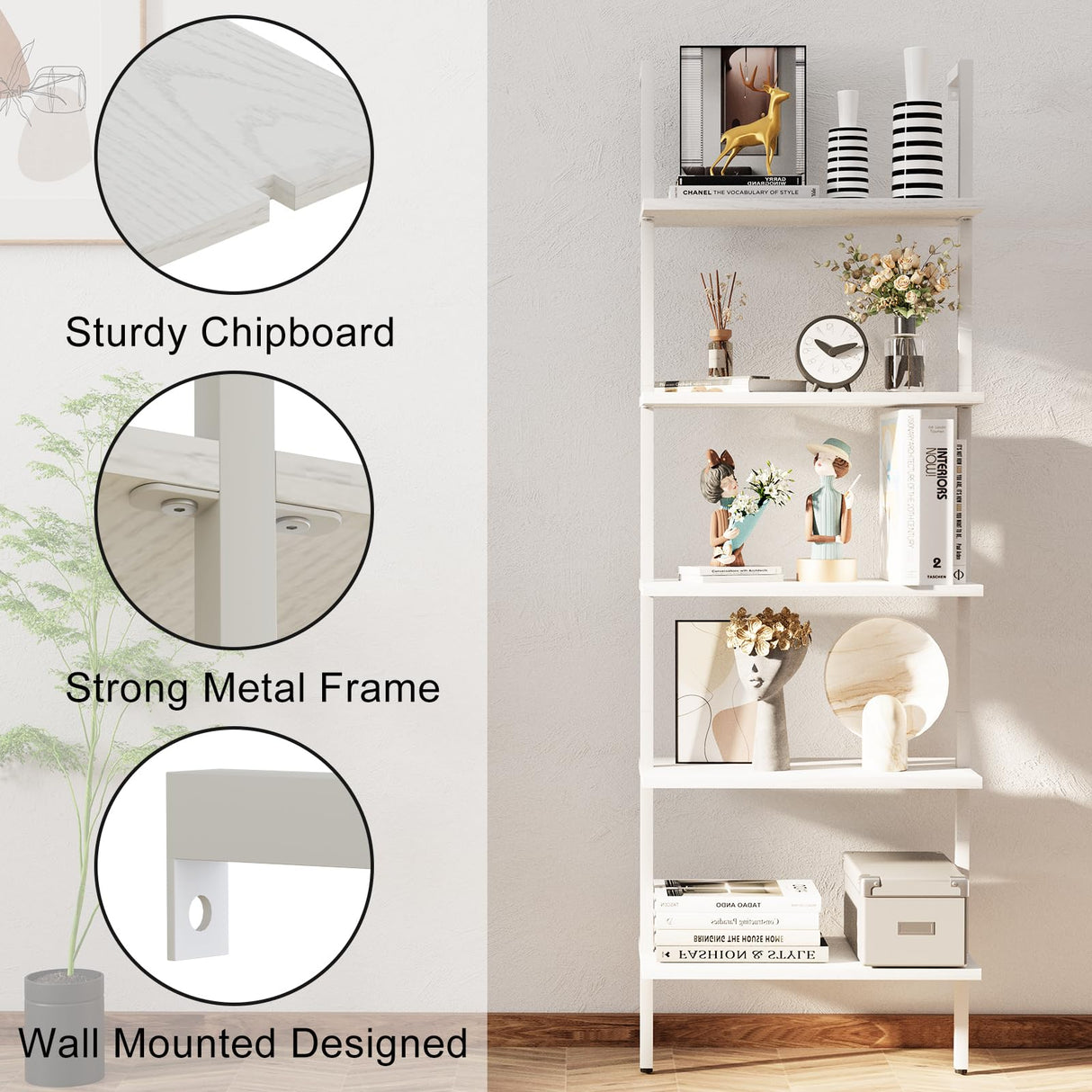 aboxoo Ladder Shelf White Wooden Bookshelf 5-Tier Wall-Mounted Open Wood Rack Industrial Modern Plant Flower Stand Utility Organizer Bookcase Metal Frame Furniture Office Kitchen Bedroom aboxoo