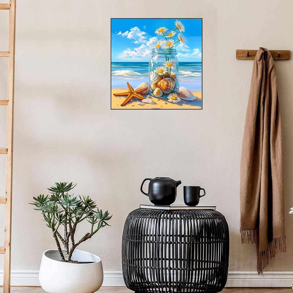 Beach Vase Diamond Art Kits for Adults Beginners,Beach Diamond Painting Kit DIY 5D Full Round Drill Daisy Painting with Diamonds Dot Gem Art Crafts for Wall Decor 12x12IN DIYDECORFUN