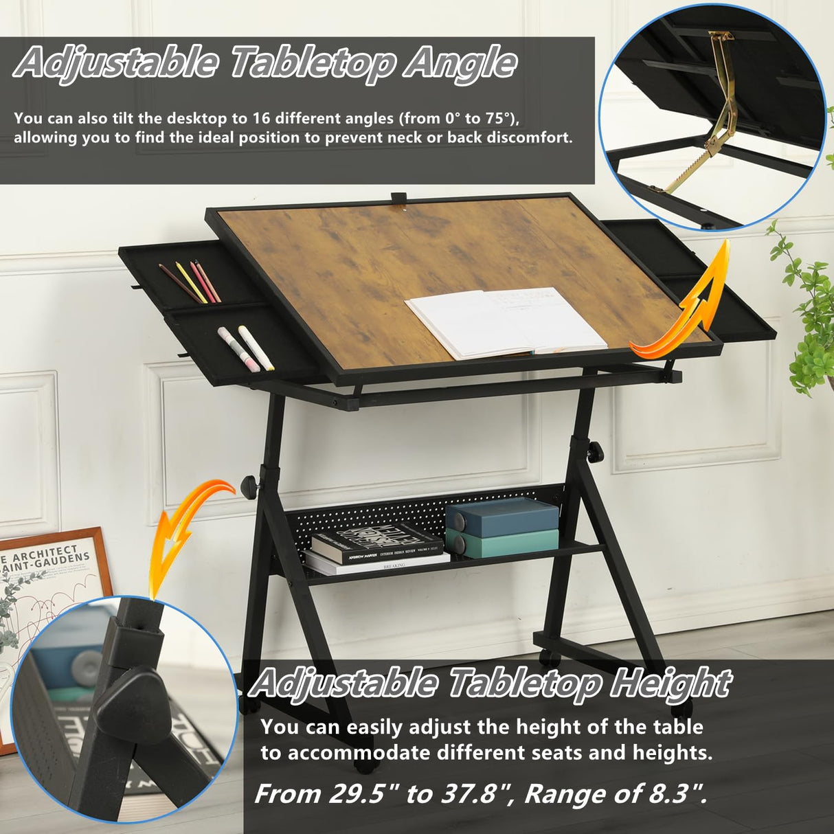 Roockky Height Adjustable Puzzle Tables for Adults with Drawers, 1500 Pieces Jigsaw Puzzle Table with Legs and Wheels, 0-75° Tilting Tabletop, Protective Cover and Storage Shelf, Black Roockky