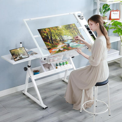 Roockky Drafting Table, 0-75° Tilting Glass Tabletop Drawing Table with Stool - Adjustable Height Art Desk with Multi-Storage for Sketching and Painting - Perfect for Artists and Hobbyists, White