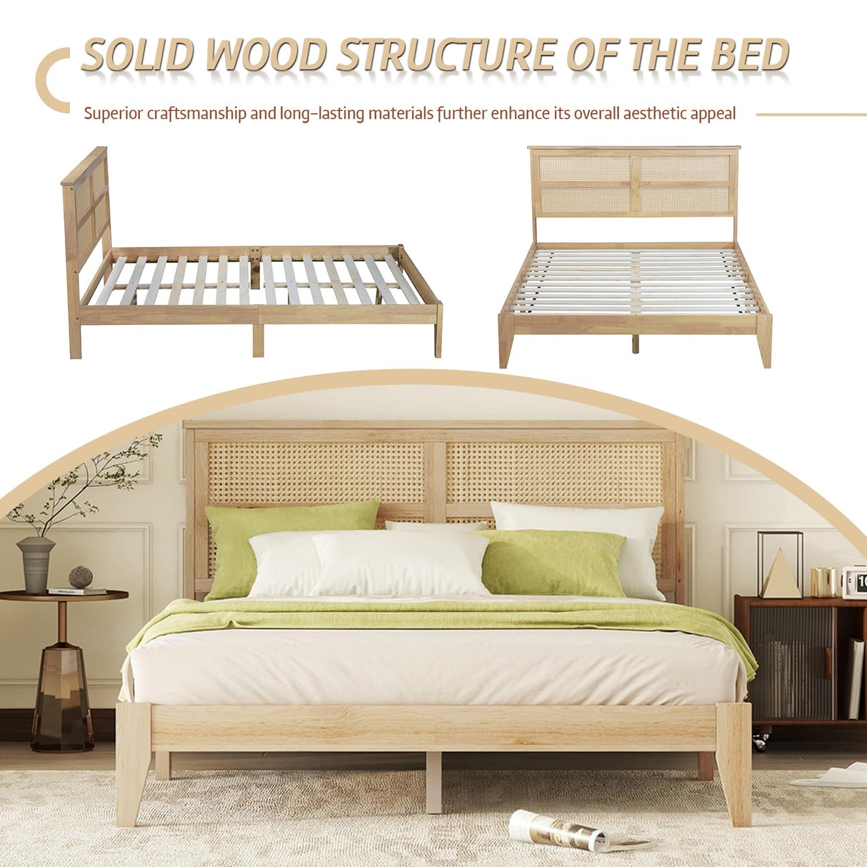 anwickjeff Boho Queen Size Bed Frame with Natural Rattan Headboard, Wooden Platform Bedframe, Under Bed Spacious Storage, No Box Spring Needed (Natural, Queen) anwickjeff