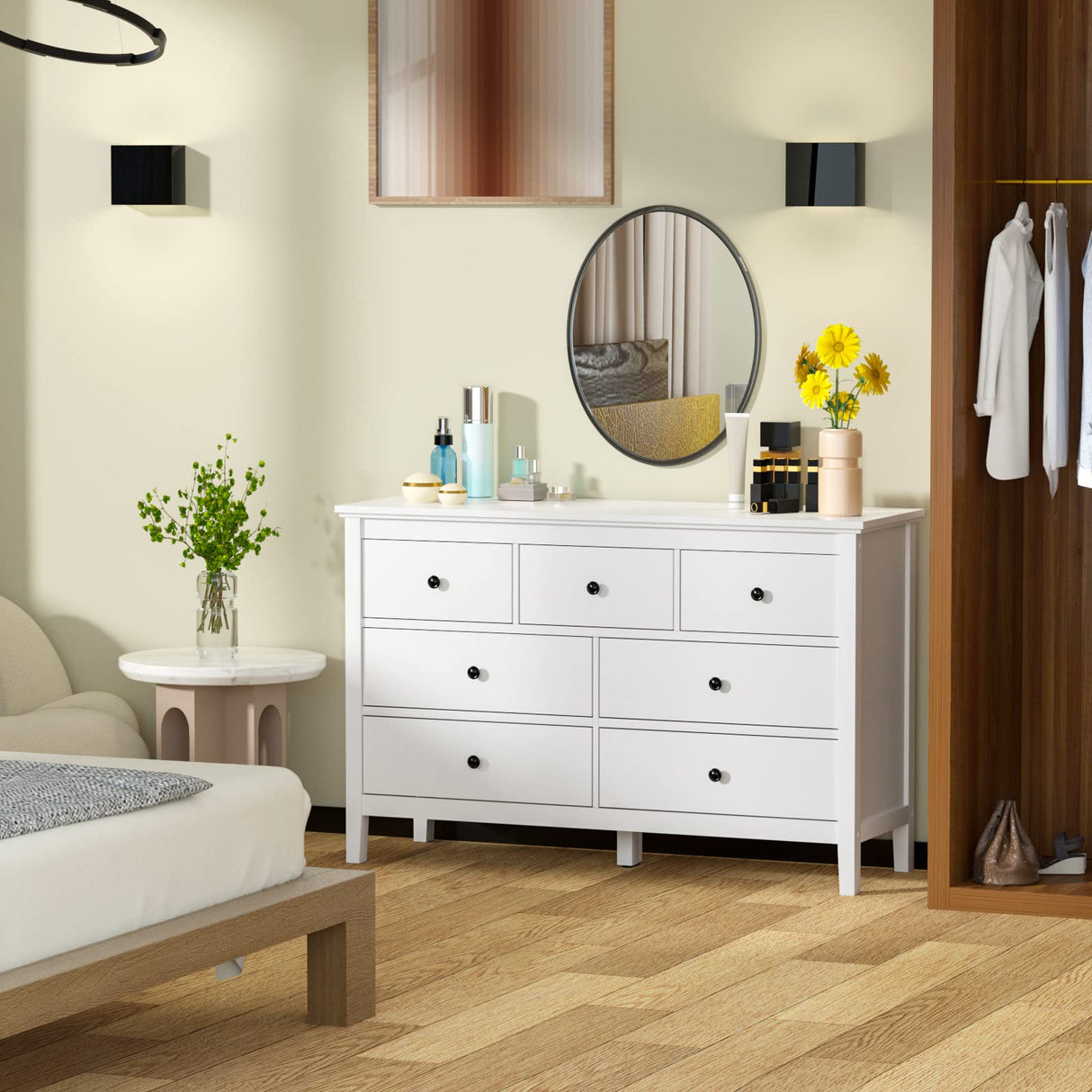 CARPETNAL White Modern Dresser for Bedroom, 7 Drawer Double Dresser with Wide Drawer and Metal Handles, Wood Dressers & Chests of Drawers for CARPETNAL