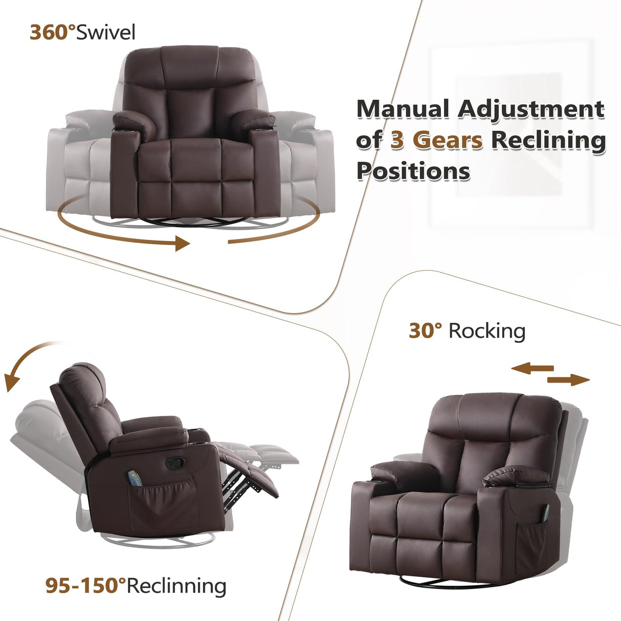 ANJ Swivel Rocker Recliner Chair, Manual PU Leather, 360° Swivel with Massage & Heat for Living Room, Brown ANJ