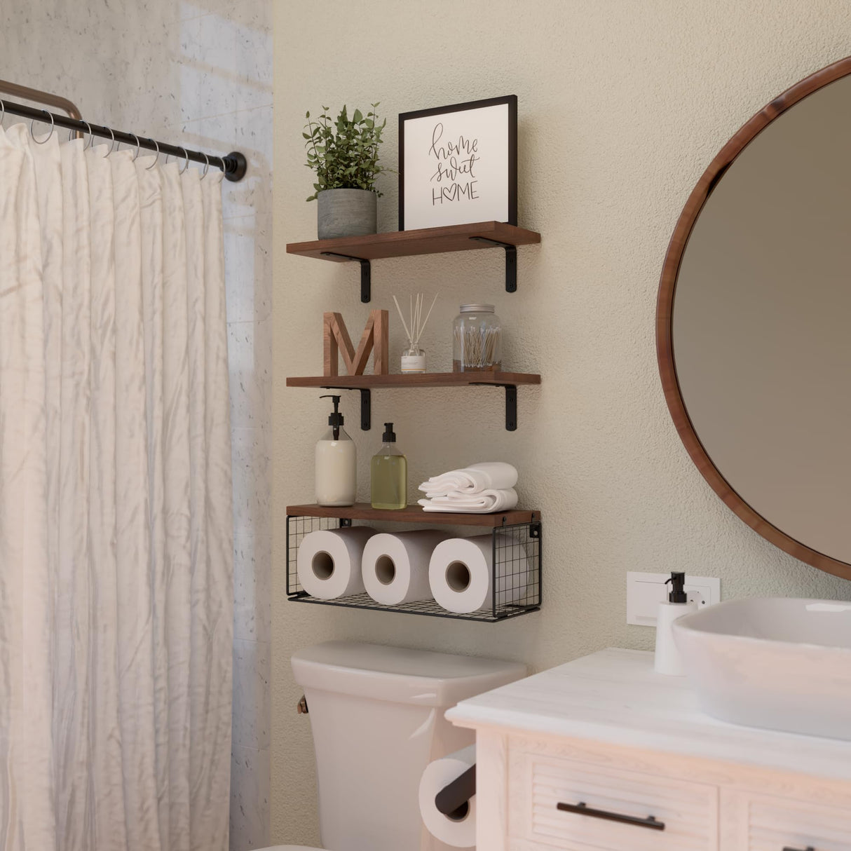 WOPITUES Bathroom Shelf Over Toilet, Floating Bathroom Shelf Wall Mounted with Wire Basket, Floating Shelf for Wall Décor-Rustic Brown WOPITUES
