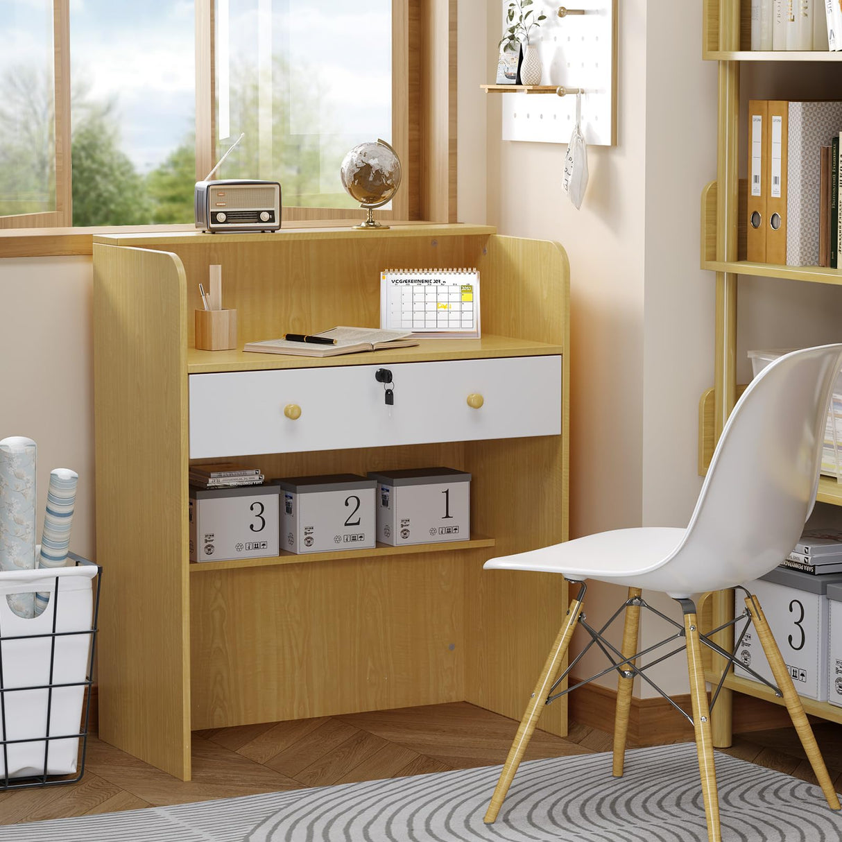 OmySalon Reception Desk with Counter, Small Front Desk w/Lockable Drawer, Wooden Modern Reception Table for Salon Lobby Office Home (Original Wood, 32) OmySalon