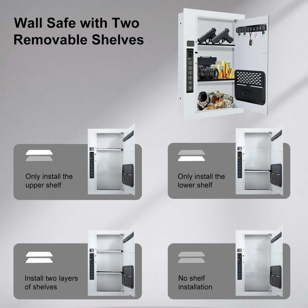 Wall Safe,Hidden Gun Safe Between Wall Studs with Battery Display&Type-C Port, with Document Organizer/Removable shelves/Key hook–Protect Valuables,Handgun, Jewelry, Documents,Cash (Digital Keypad) LANGGER V