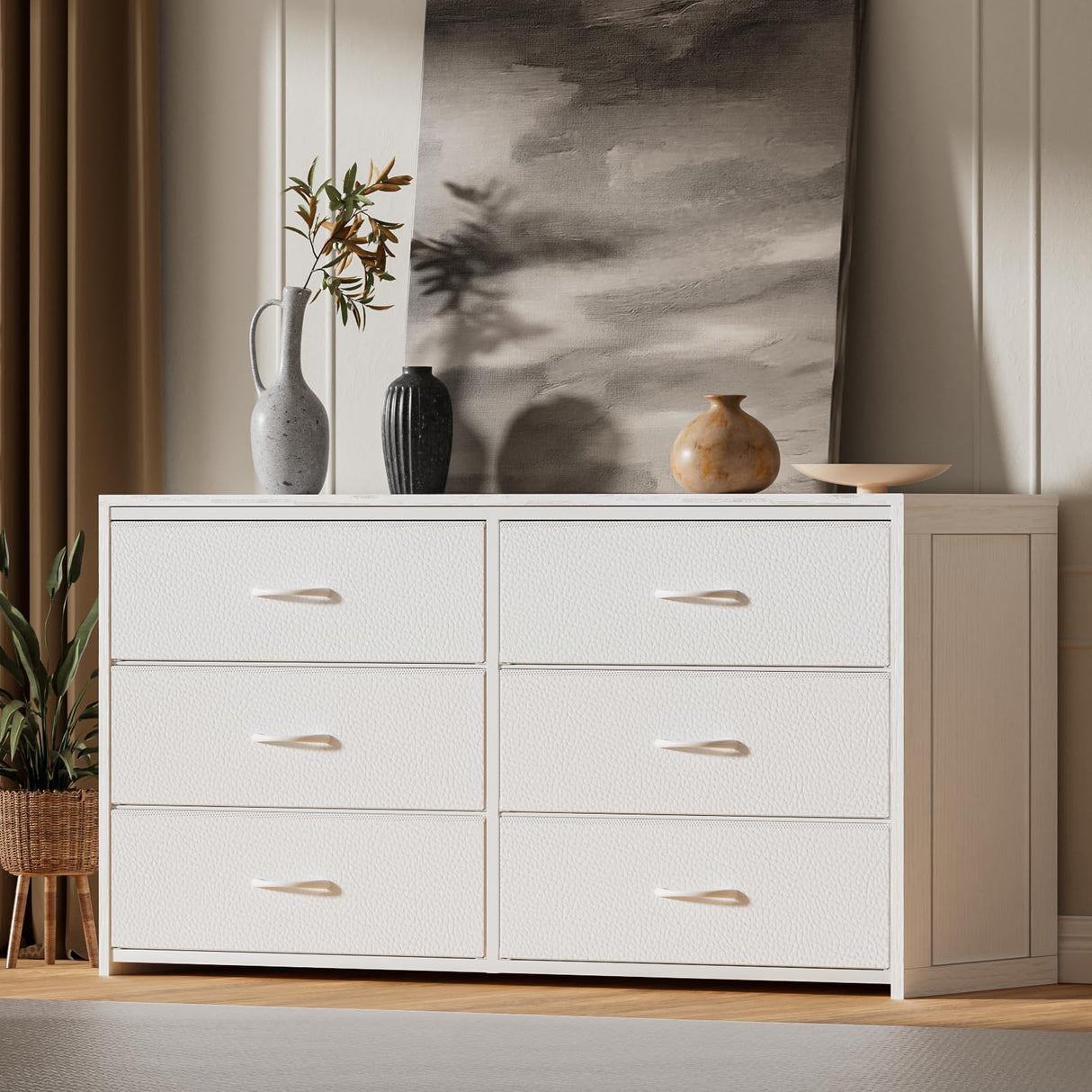 OURPIC Dresser for Bedroom with 6 Drawers, 51 Inch White Dressers TV Stand for 50, 55, 60 Inch TV, Wood Top and Side, Fabric Drawers, Storage, Dresser for Closet, Living Room, Hallway, Entryway OURPIC