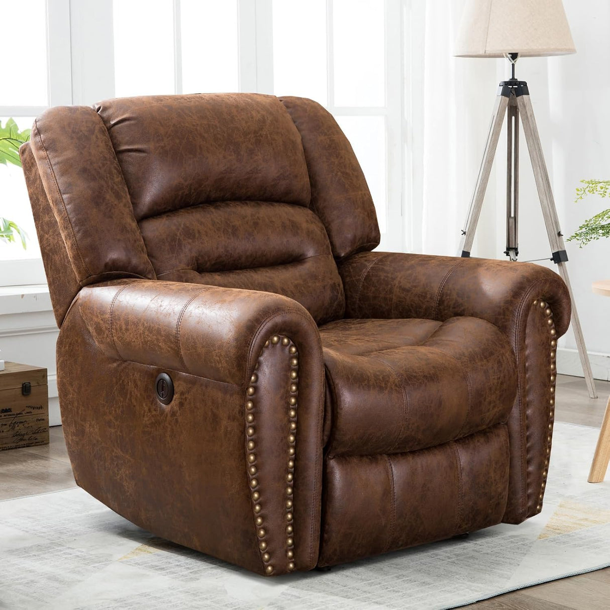 CANMOV Power Recliner Chair,Faux Leather Electric Recliner Chair with Padded Arms and Adjustable Backrest,Single Sofa with USB Charger for Living Room,Nut Brown CANMOV