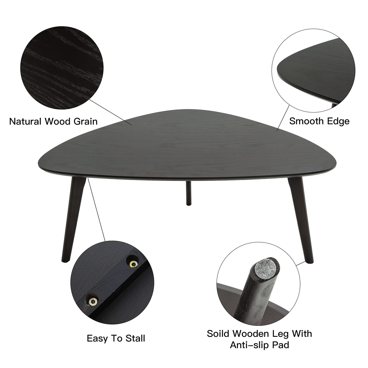 Oval Coffee Table Mid Century Modern Small Wood Coffee Tables Chic Triangle Design for Home Office Farmhouse Furniture Easy Assembly,Black Walnut 38.5" PHOENANCEE