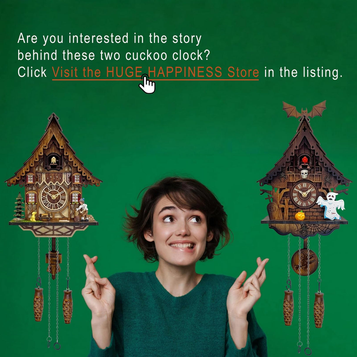 HUGE HAPPINESS Cuckoo Clock for Wall Art: 12 Melodies, Volume Control, Night Mode, Germany Style Black Forest Retro Traditional Handcrafted Wooden House Home Decor, Gifts for Family (8.75 X 23inch) HUGE HAPPINESS