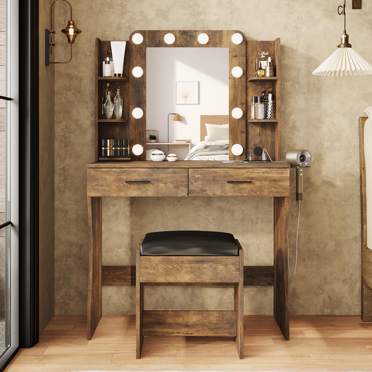 Maupvit Vanity Desk with Mirror and Lights,Makeup Vanity Table Set with Power Outlet,3 Lighting Modes & Adjustable Brightness Dressing Table with 2 Drawers for Bedroom Dressing Room,Rustic Brown Maupvit