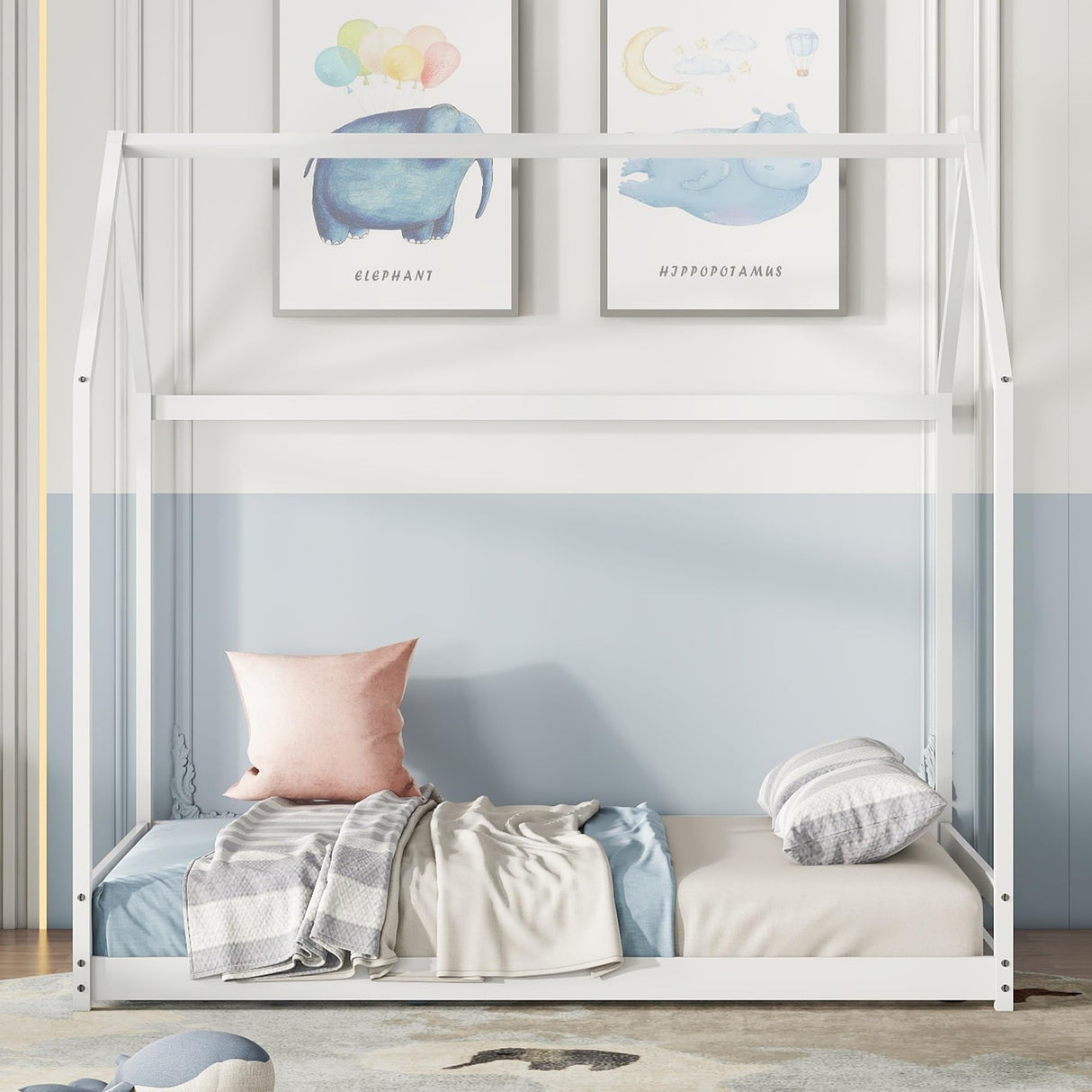 Bellemave Montessori Full House Bed Frame for Toddlers - White Wooden Floor Bed for Kids Bellemave