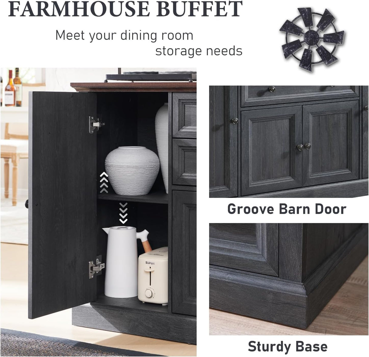 Farmhouse Sideboard Buffet Cabinet with Storage, 58'' Large Coffee Bar Stroage Cabinet with 2 Drawers and 4 Doors, Wood Rustic Accent Cabinet for Dinning Room, Hallway, and Living Room, Dark Grey IFGET