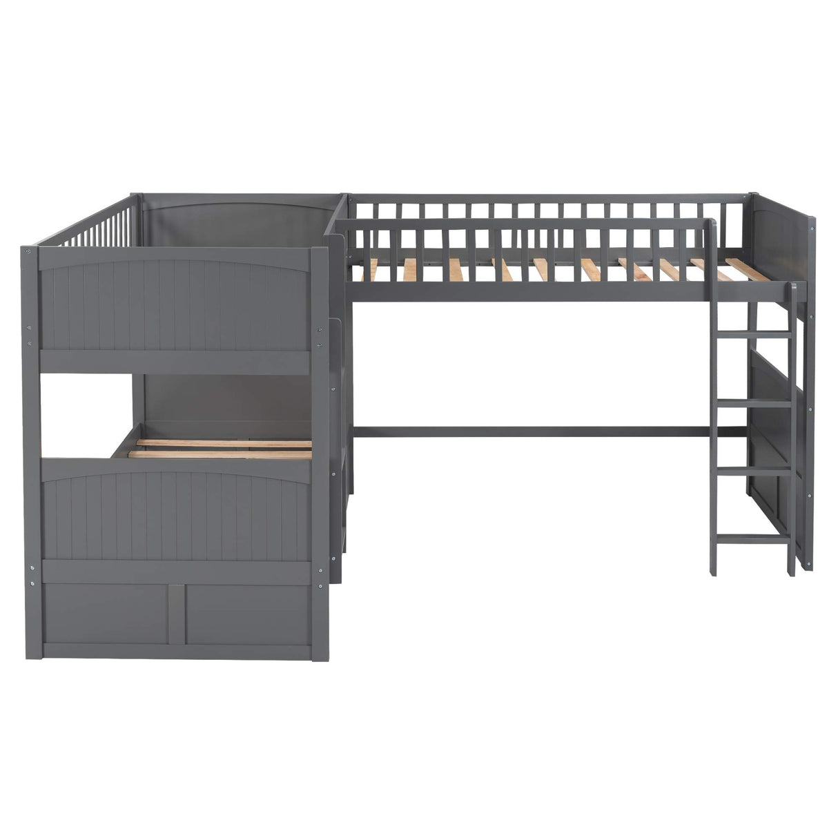 Merax L-Shaped Solid Wood Bunk Bed, Twin Over Twin Over Twin Bed with 2 Drawers and 2 Ladders, Twin Size Bunk Bed with a Loft Bed Attached, Grey Merax