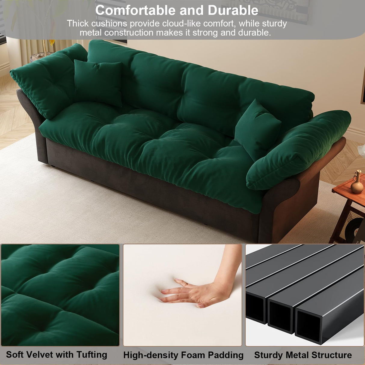 KIVENJAJA 74.8” Queen Pull Out Sofa Bed, 3 in 1 Convertible Sleeper Sofa Futon Pullout Couch, Velvet Tufted Cloud Loveseat with 2 Pillows for Living Room Bedroom Apartment, Emerald Green KIVENJAJA