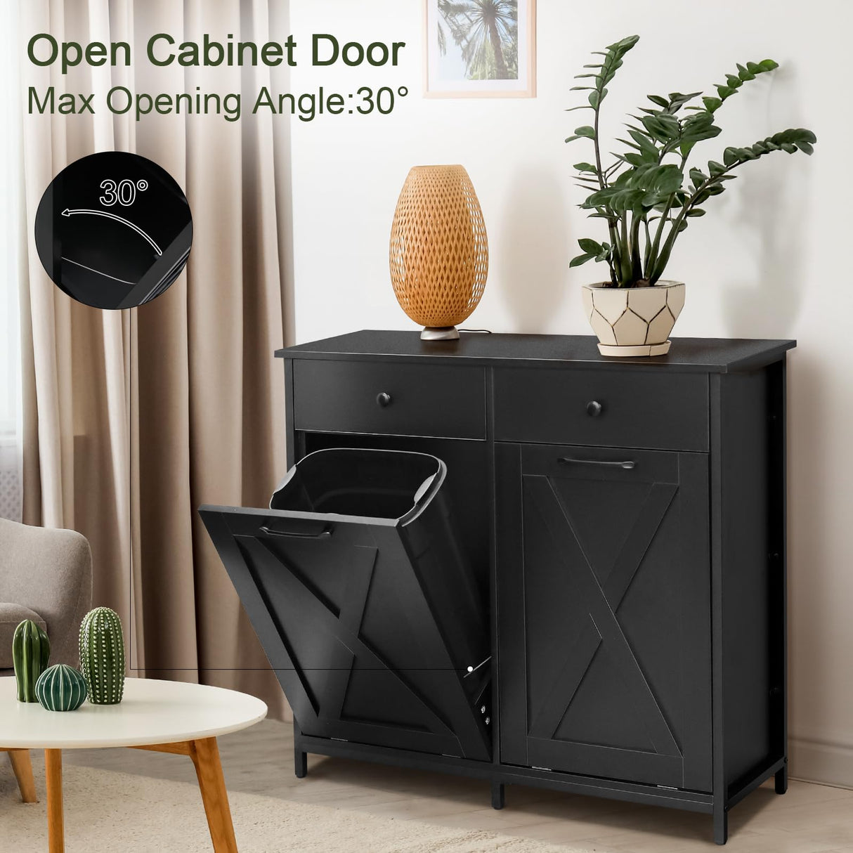 Clevich Double Tilt Out Trash Cabinet 20 Gal, Kitchen Wooden Recycling Cabinet, Hidden Trash Can Holder w/Drawers & Tabletop, Dog-Proof Trash Bin Cabinet, Trash Bins NOT Included(Black) Clevich