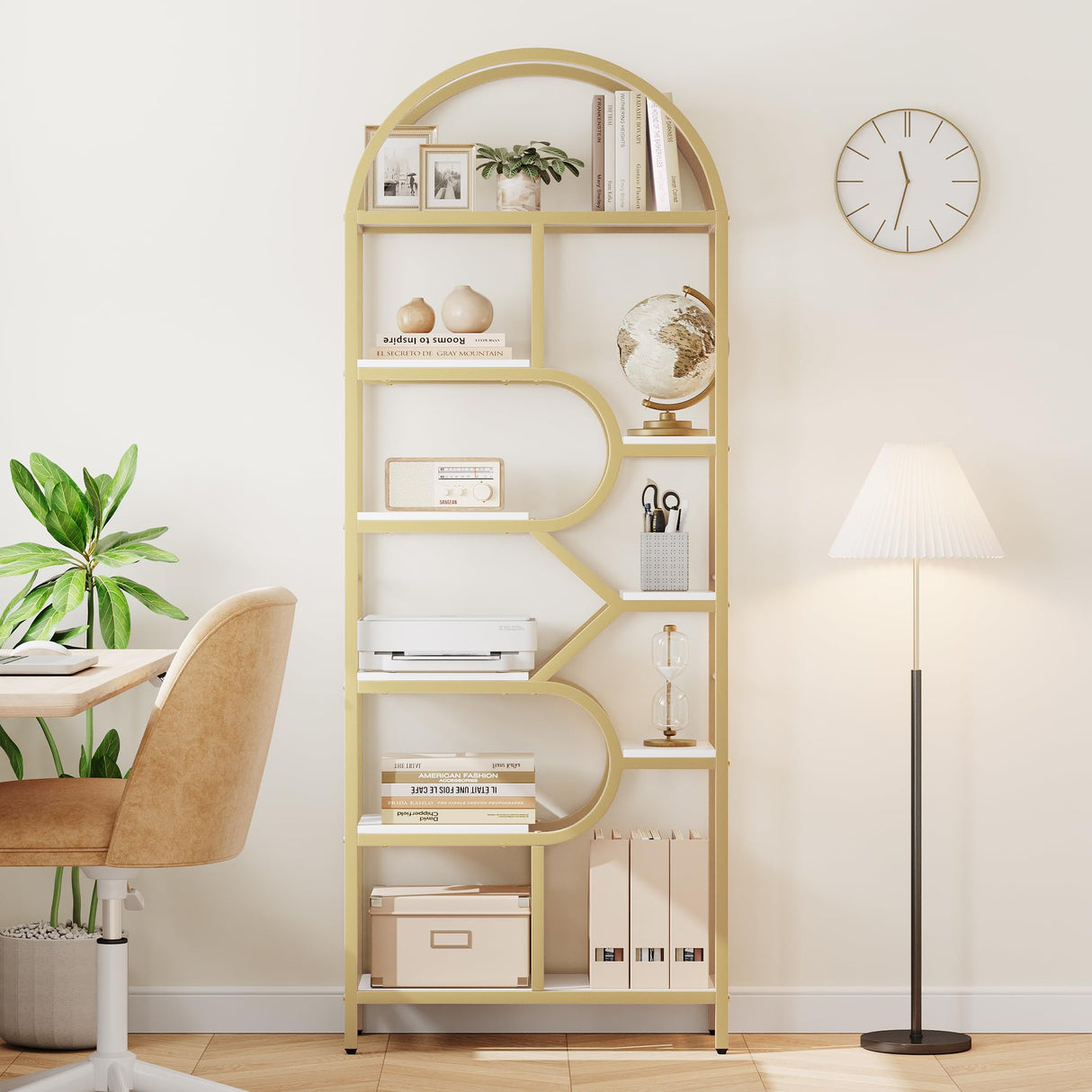 CABIHOME Bookshelf 6-Tier Arched, 82" Tall Modern Bookcase with Geometric Metal Frame, Gold and White Large Open Storage Shelf for Living Room, Home, Office CABIHOME