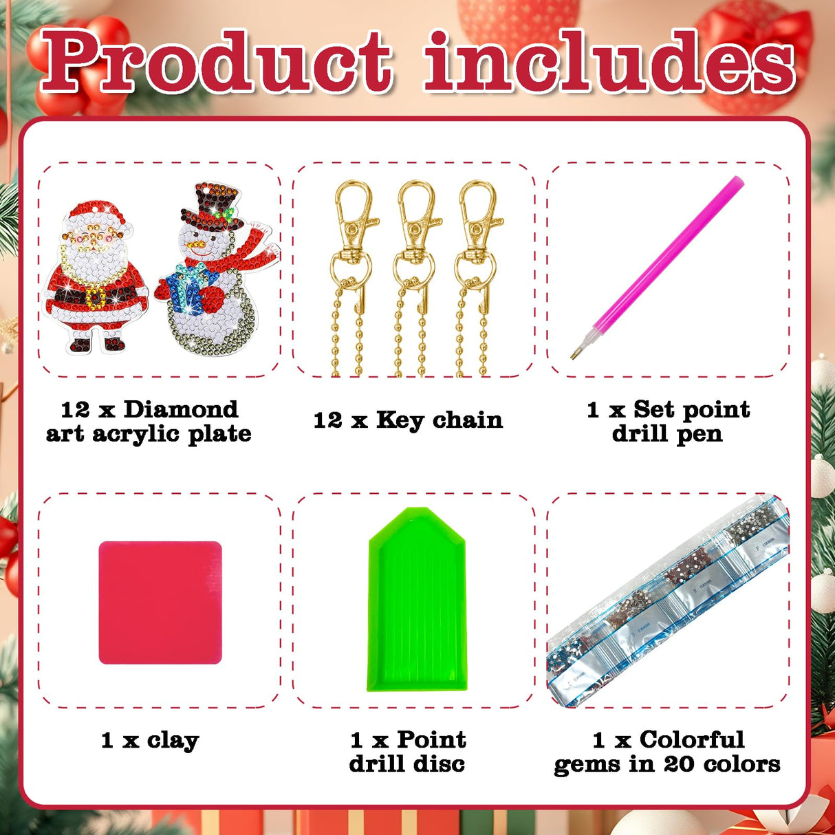 12Pack Christmas Diamond Art Ornaments Xams Diamond Painting Ornaments DIY Painting Keychain Kits for Adults Christmas Family Decor Hanging Kits Dolkoic