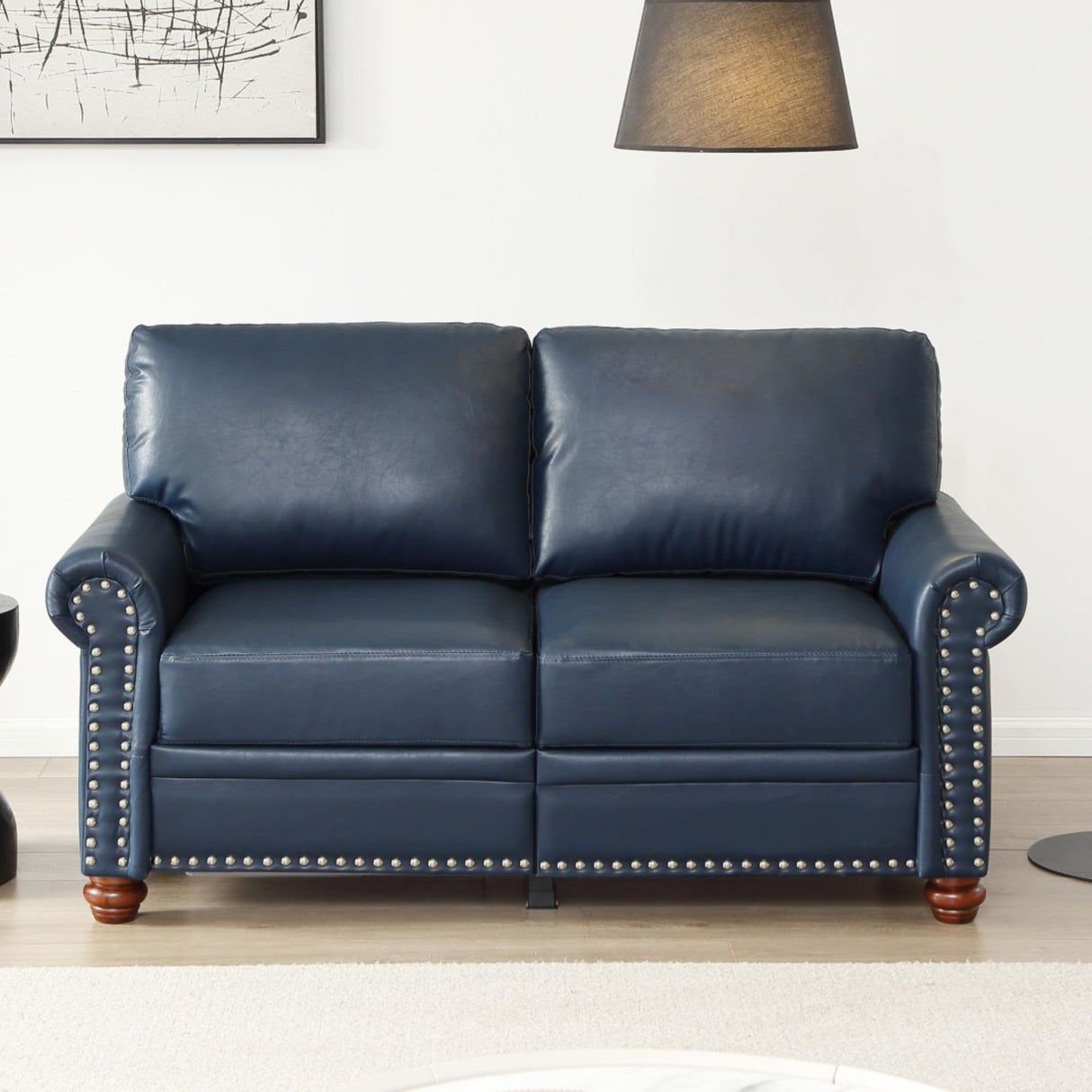 KEIKI 59.45" Chesterfield Sofa, Retro Style Upholstered Faux Leather PU Couch with Storage Space, Rolled Arm, Nailhead for Living Room Bedroom Office Apartment, Navy Blue KEIKI