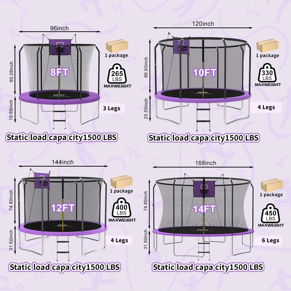 ACWARM HOME 12FT Trampoline for Kids and Adults, Trampoline with Basketball Hoop and LED Lights, ASTM Approved, Purple ACWARM HOME
