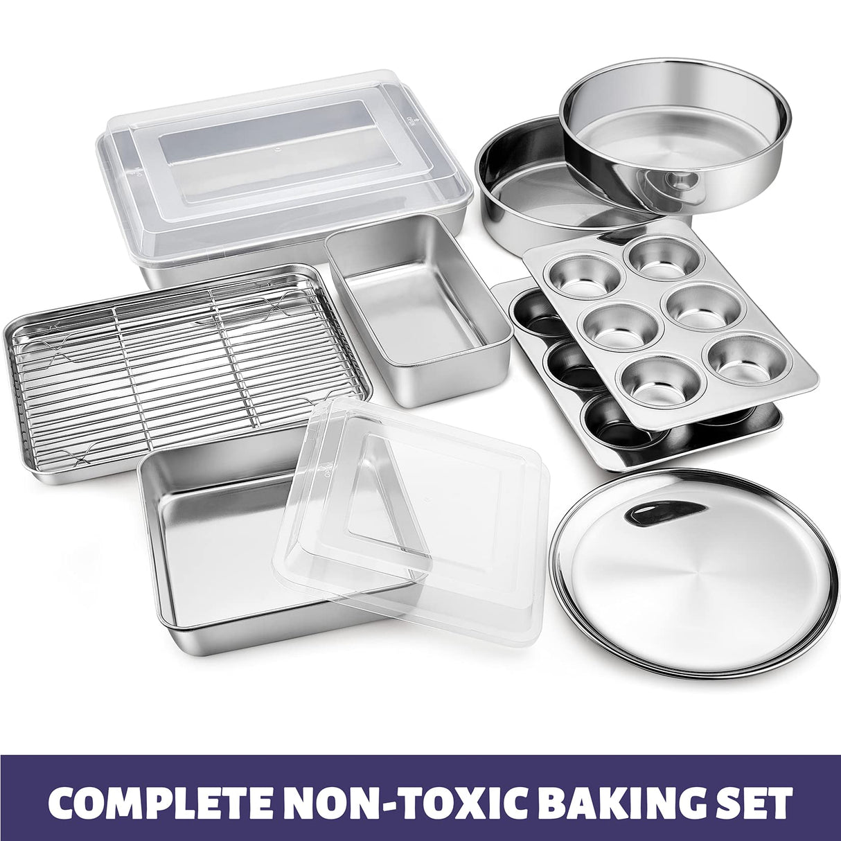 12-Piece Stainless Steel Baking Pans Set, P&P CHEF Kitchen Bakeware Set, Include Baking Sheet with Rack, Round/Square Cake Pan, Lasagna Pan, Loaf Pan, Muffin Pan, Pizza Tray & 2 Covers, Durable P&P CHEF