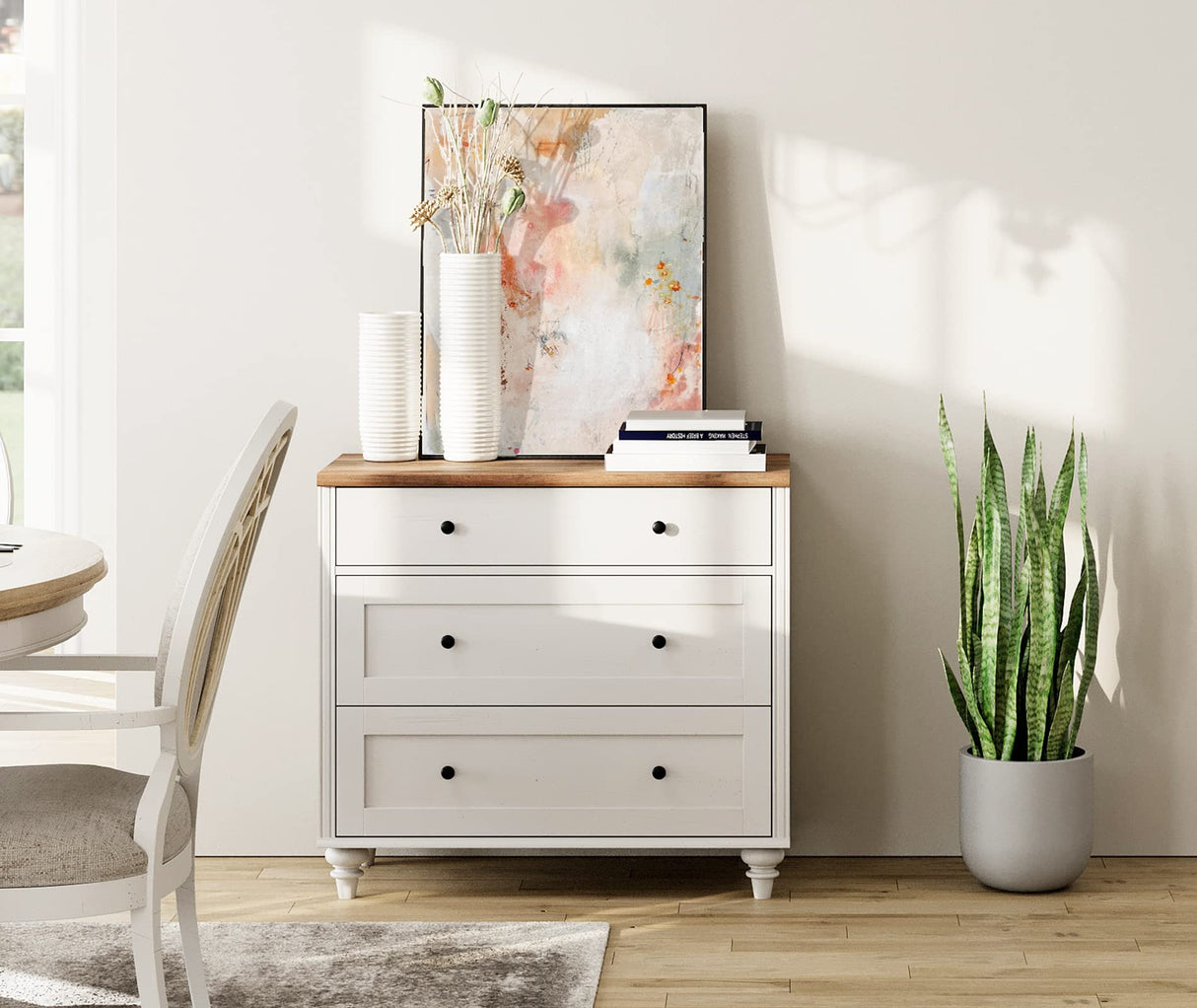 WAMPAT Dresser for Bedroom with 3 Drawers, White Kids Dressers with Wide Chest of Drawers, Mid Century Modern Wooden Closet Storage Organizer, Small Dressers for Living Room, Nursery, Hallway WAMPAT