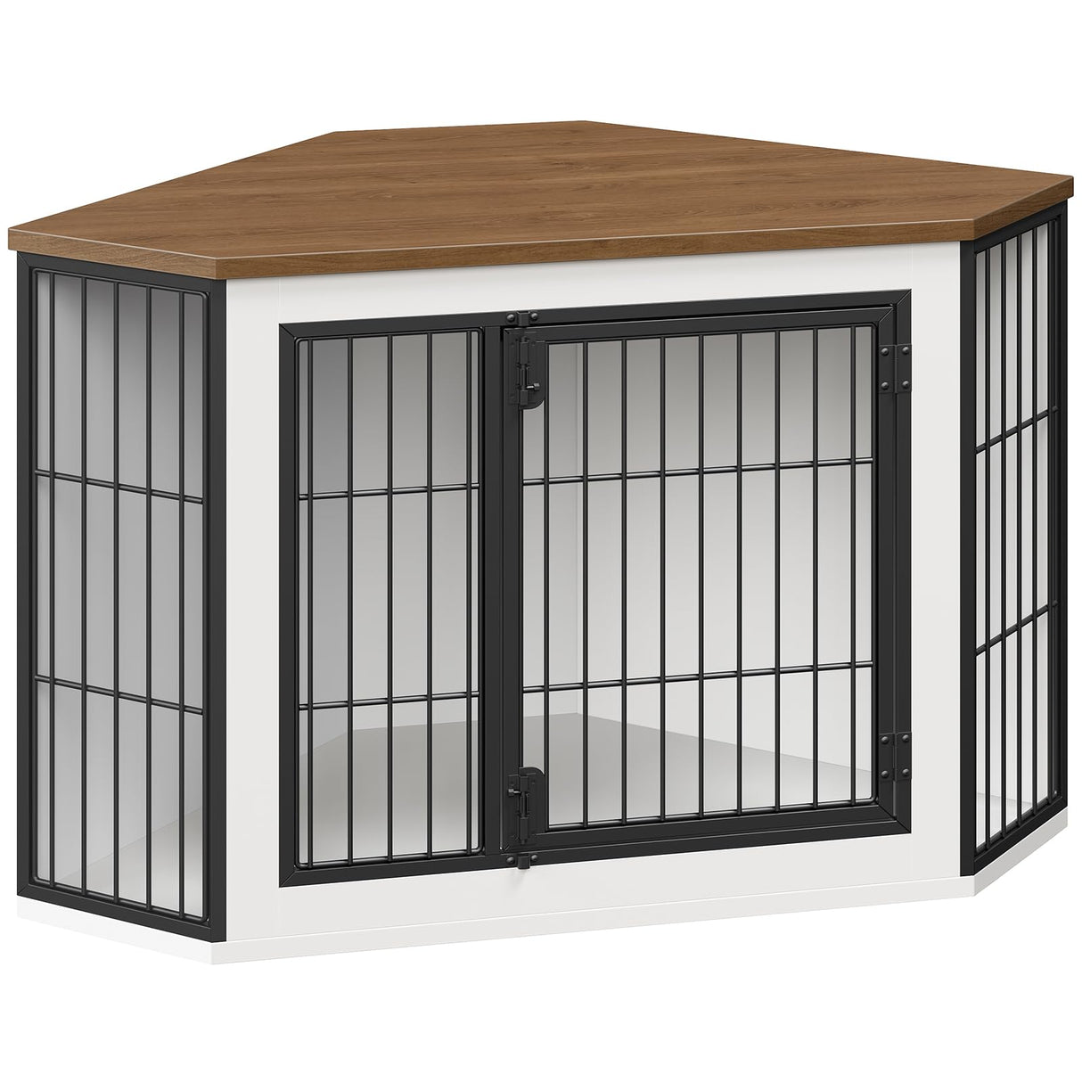 HOOBRO Corner Dog Crate Furniture, Decorative Dog Kennel End Table, Farmhouse Dog Crate TV Stand for Small and Medium Dogs, Walnut, White and Black BWH90GW03 HOOBRO