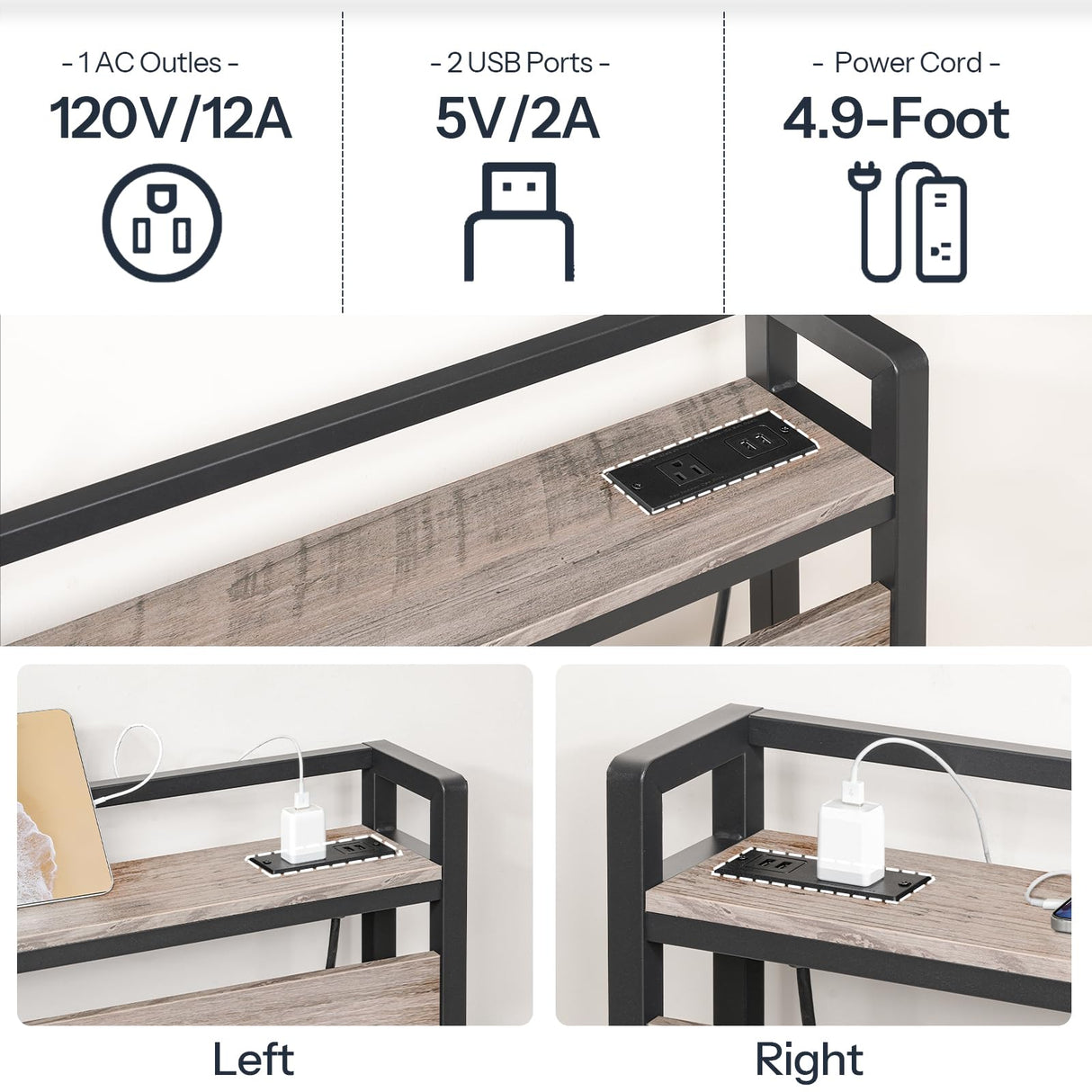 HOOBRO Full Size Headboard, Headboard with 2 Outlets and 4 USB Ports, Adjustable Height, Storage Rack, Sturdy and Stable, Easy Assembly, Greige and Black HOOBRO