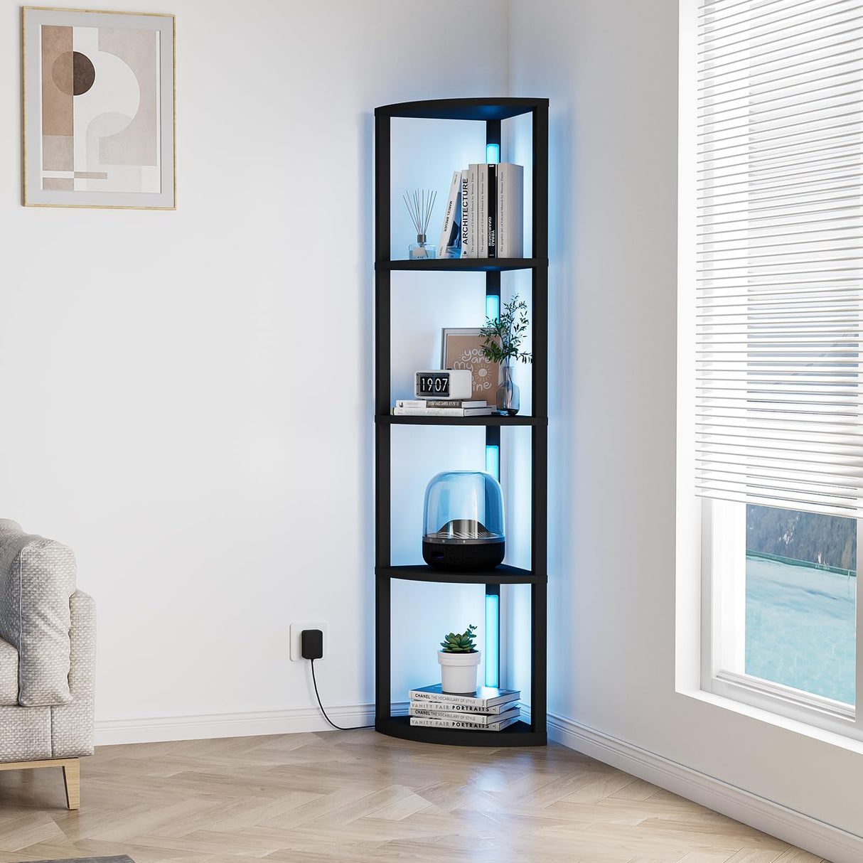 VILICK Corner Shelf with Light 5 Tier Tall Standing Shelf Dimmable Corner Floor Lamp with Shelves LED Corner Bookshelf Display Cabinet Shelf for Living Room, Bedroom, Home Decor VILICK