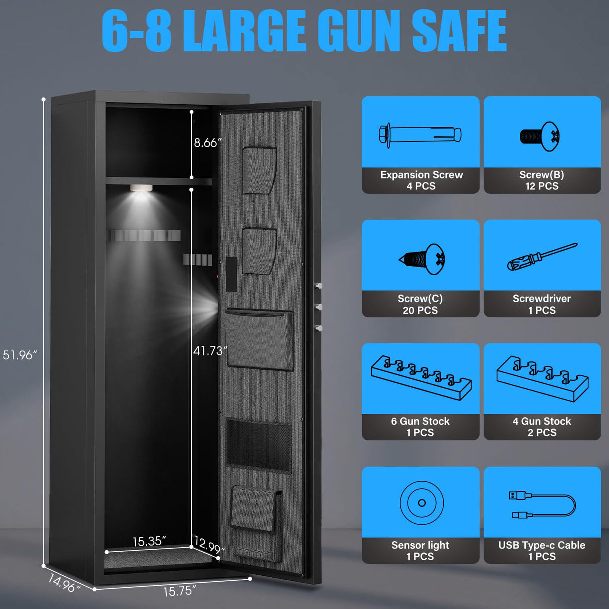 6-8 Rifle Gun Safe for Shotguns, Large Unassembled Fingerprint Gun Safe for Home Rifle and Pistols with Dual Alarm and Mute Mode, Long Gun Safe for Rifles with Touchscreen Pad, Removable Shelves Riflevault