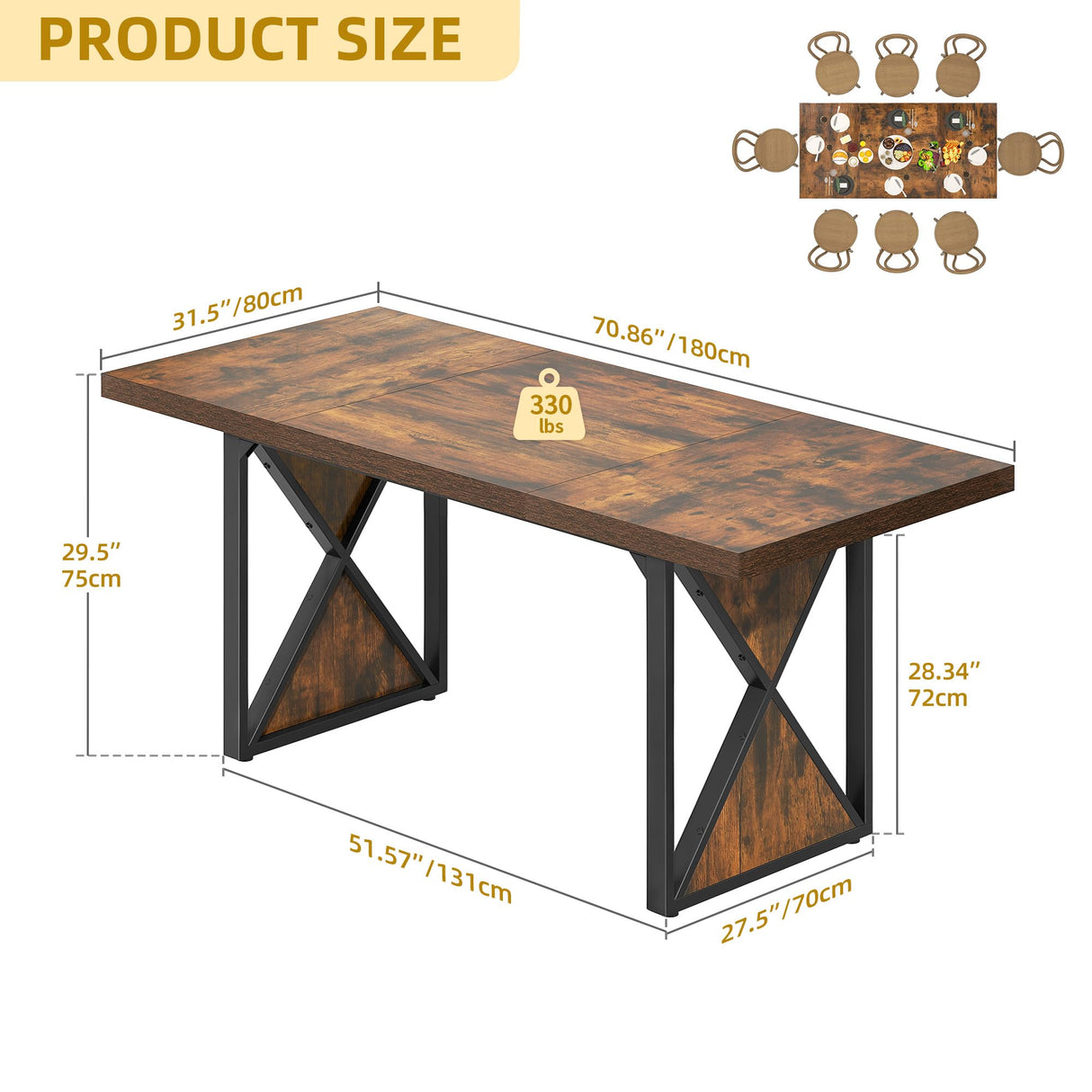 DWVO Farmhouse Dining Table for 6-8 People, 70.8-Inch Rectangular Wood Dining Table, Rustic Kitchen Dinner Table with Heavy Duty Metal Legs for Dining Room (Rustic Brown) DWVO