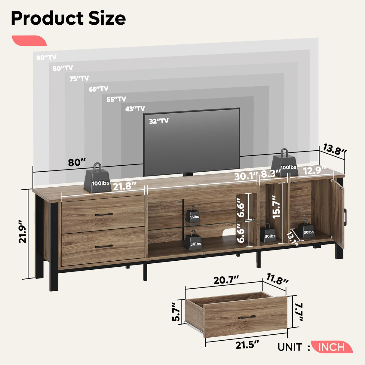 Bestier TV Stand for 75/80/85 inch TV, LED Gaming Entertainment Center, Modern TV Cabinet with Glass Shelves for Living Room, Media Console with 2 Storage Drawers & Cabinets for Bedroom, Pinewood Bestier