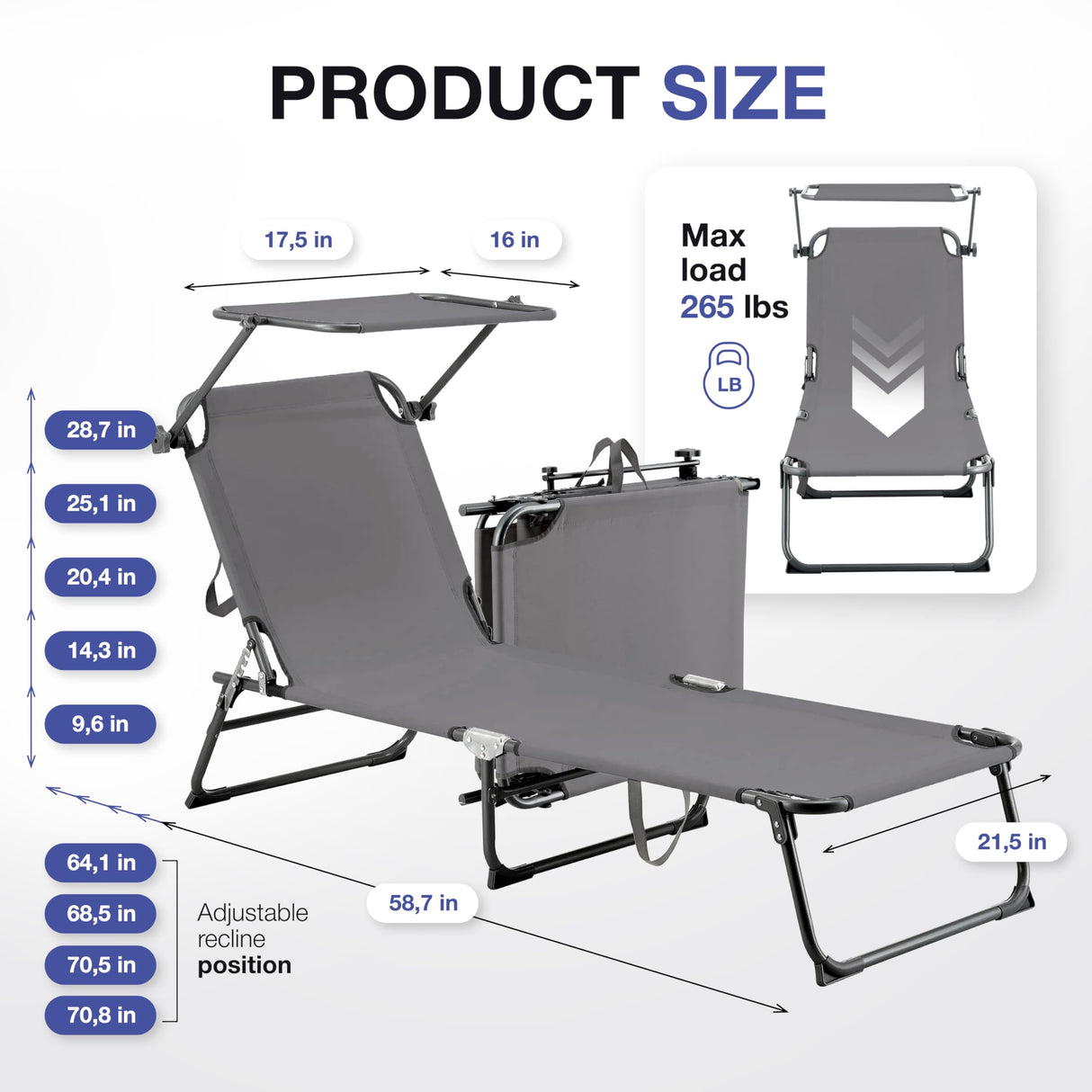 Folding Outdoor Lounge Chair with Canopy - Portable & Adjustable Beach Lounge Chair - 5-Positions, Carry Handles, 600D Fabric, 265 lbs Capacity – Tanning Chaise Lounge for Beach, Patio, Lawn ComfySure