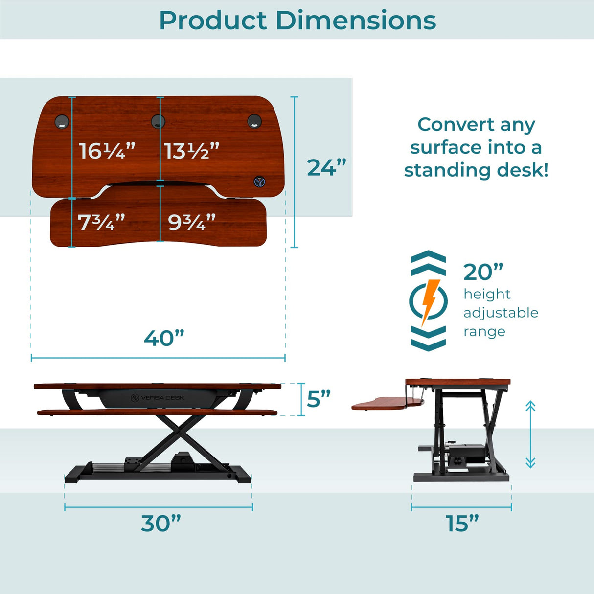 VERSADESK® PowerPro 40” x 24” Standing Desk Converter | 7.75” - 23.5” Electric Height Adjustable Sit to Stand Desk Riser w/Keyboard Tray & USB Hub - Ergonomic Workstation for Home & Office, Cherry VERSADESK
