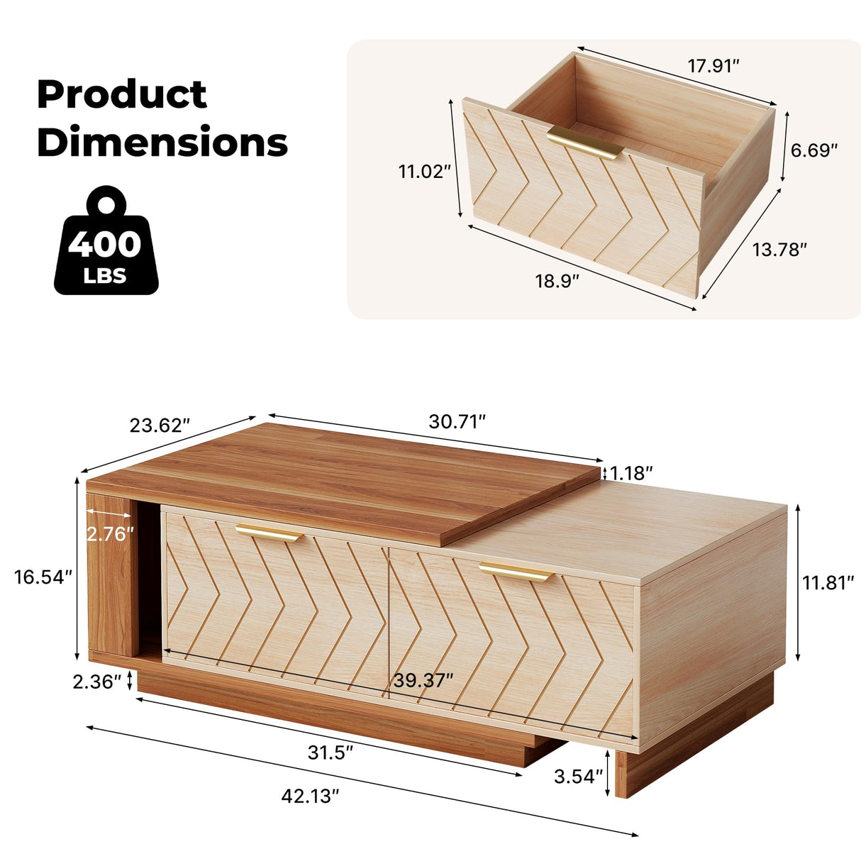 Aivermeil 42"- 65" Extendable Coffee Table with Storage, Reversible Wood Coffee Table with 2 Drawers, Two-Tone Large Adjustable Center Table for Living Room, Office (Walnut A) Aivermeil